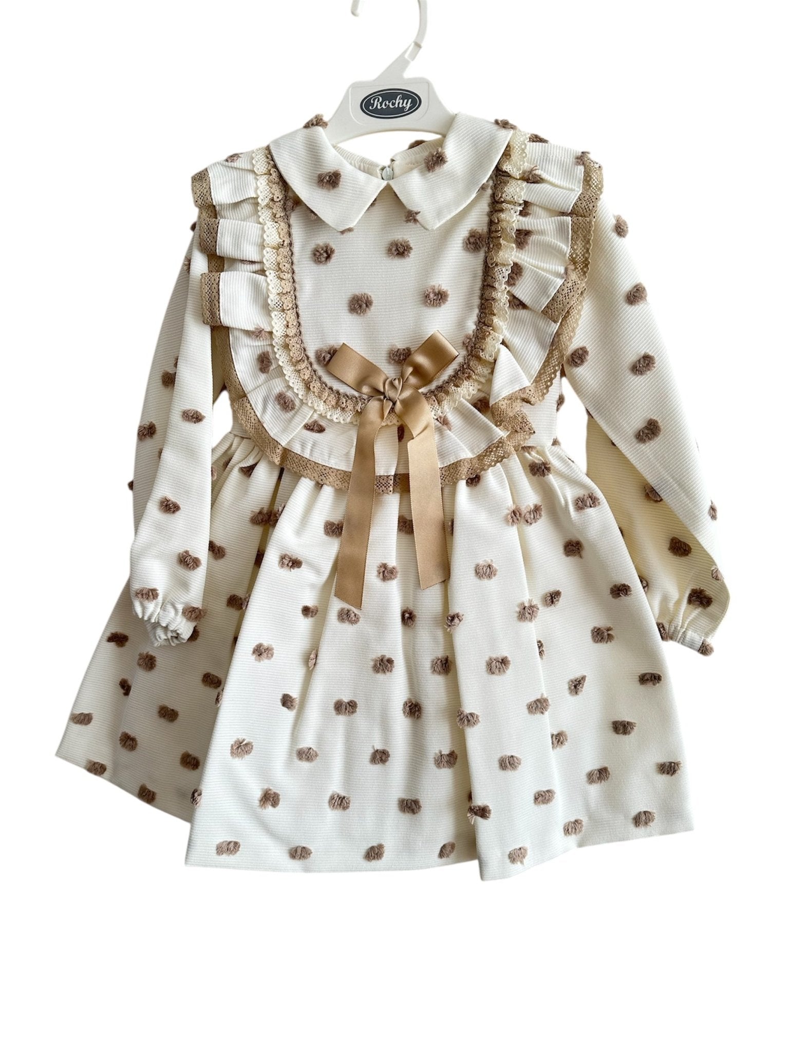 Rochy AW25 - Girl's Motas Cream and Camel Polka Dot Dress