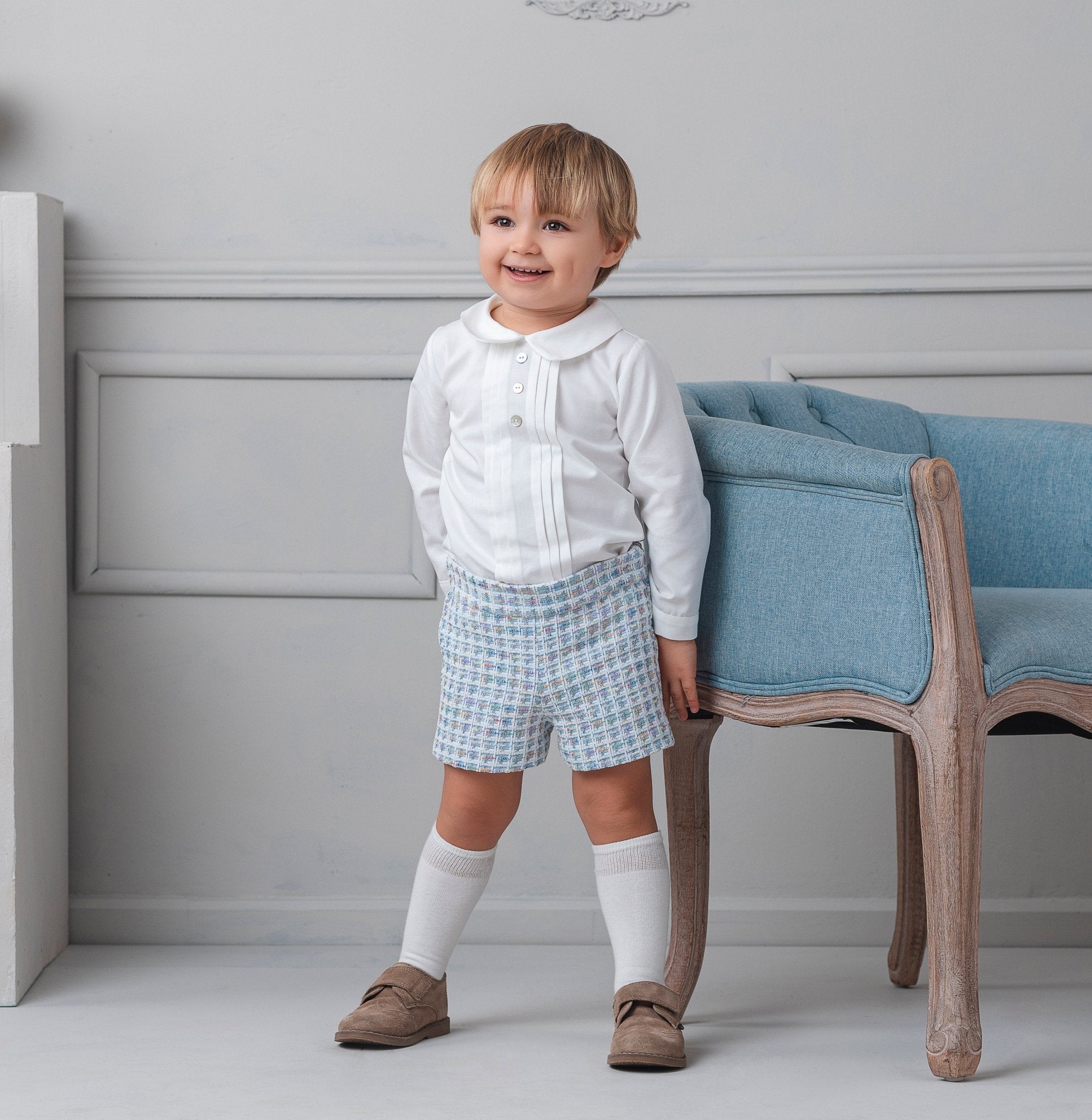 Young boy wearing Rochy AW25 Chanel Blue Tweed Outfit 