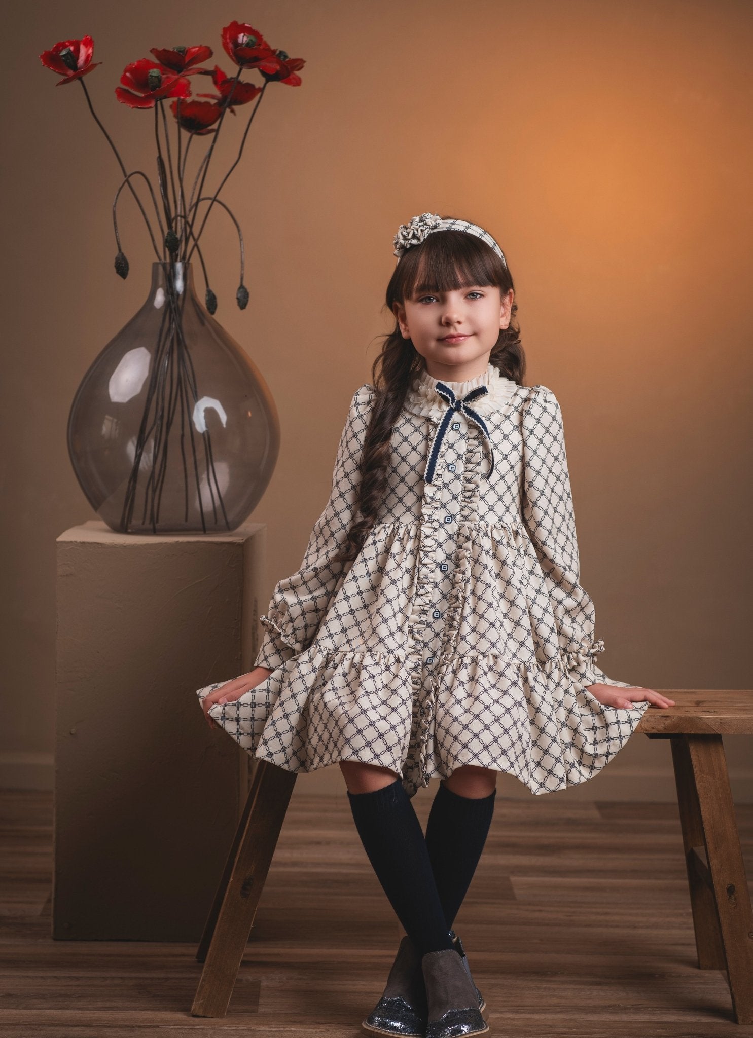 Rochy Girls Cream & Navy Geometric Print Dress | AW26 PRE-ORDER