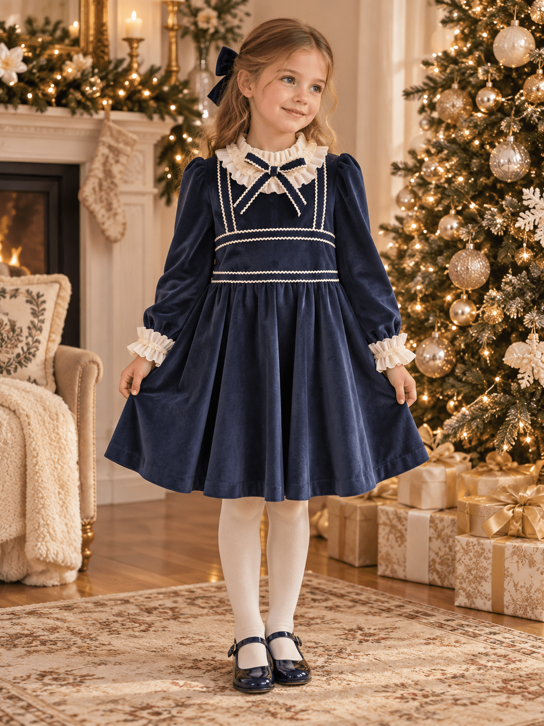 Rochy Girls Geometric Navy & Cream Print Dress | AW26 PRE-ORDER