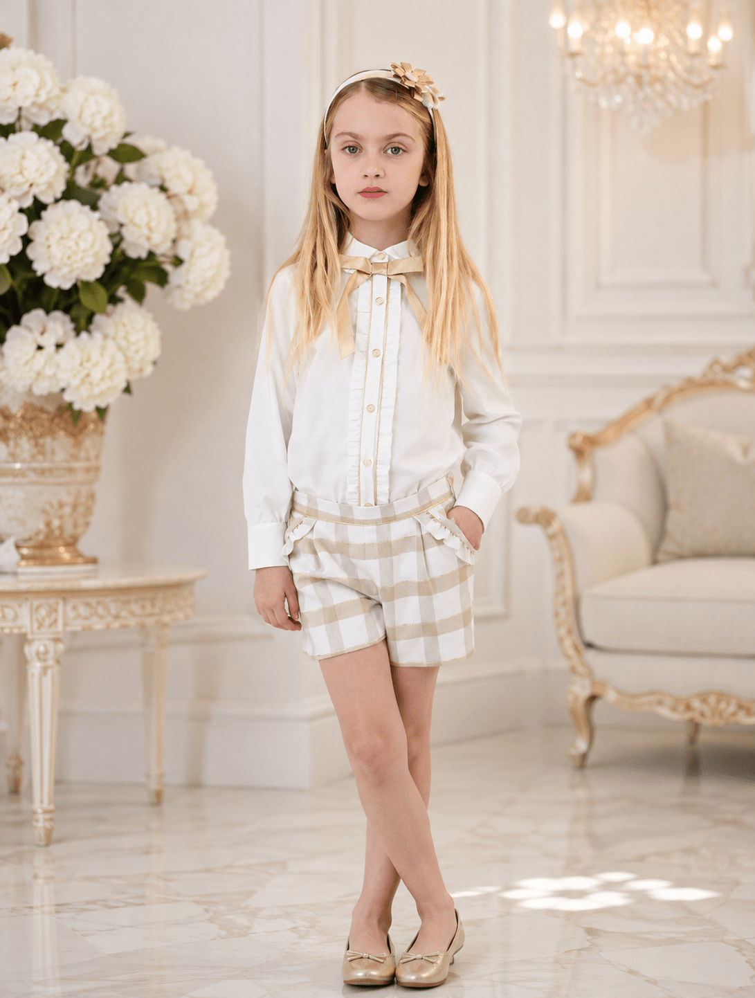 Rochy Girls Camel, Cream and Gold Shorts and Shirt Set