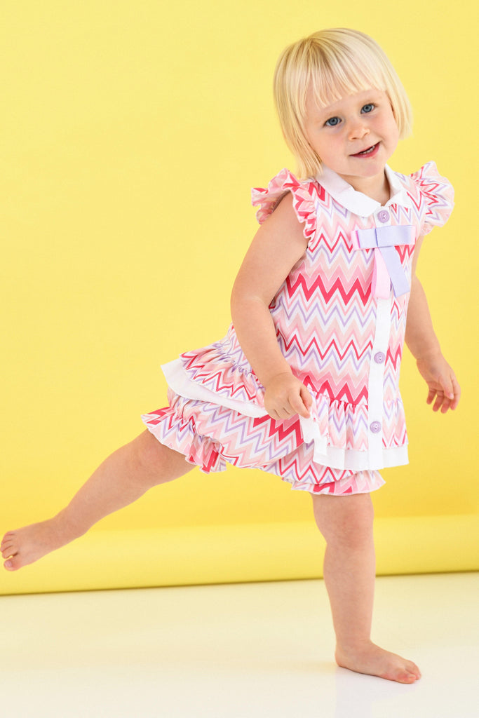 Rochy SS24 - Baby Girls Zig Zag White, Lilac & Pink Dress & Bloomers - Mariposa Children's Boutique