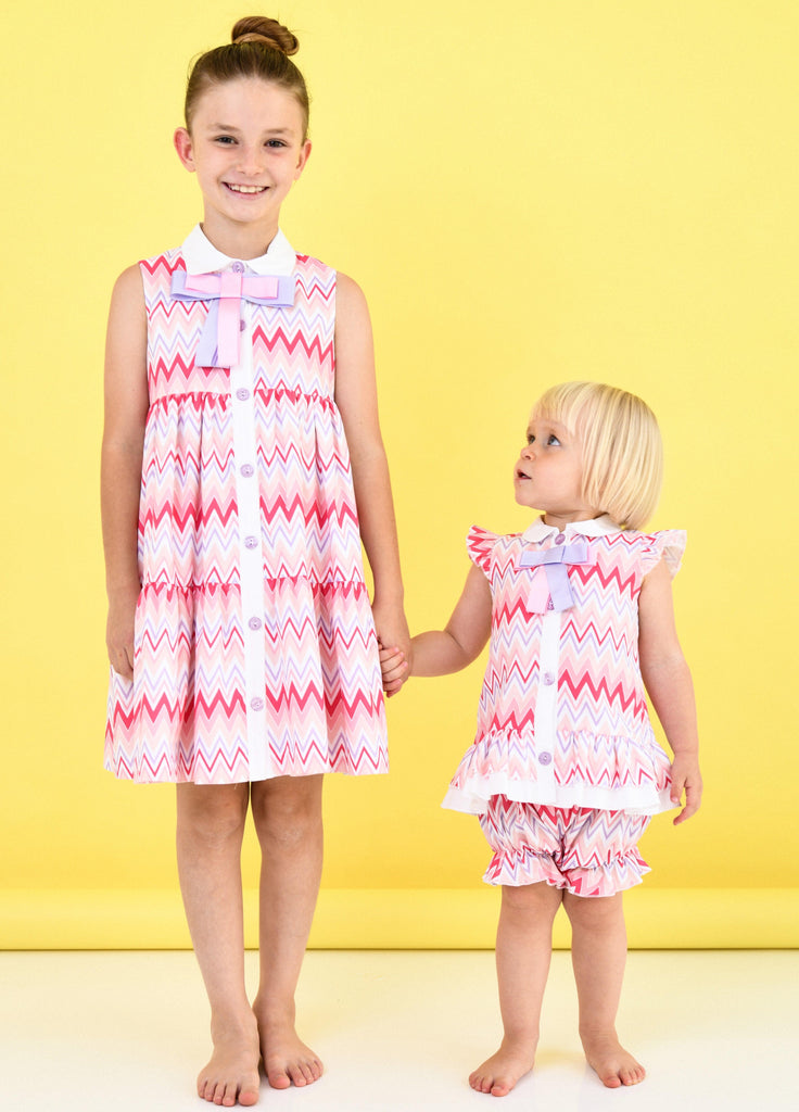 Rochy SS24 - Baby Girls Zig Zag White, Lilac & Pink Dress & Bloomers - Mariposa Children's Boutique