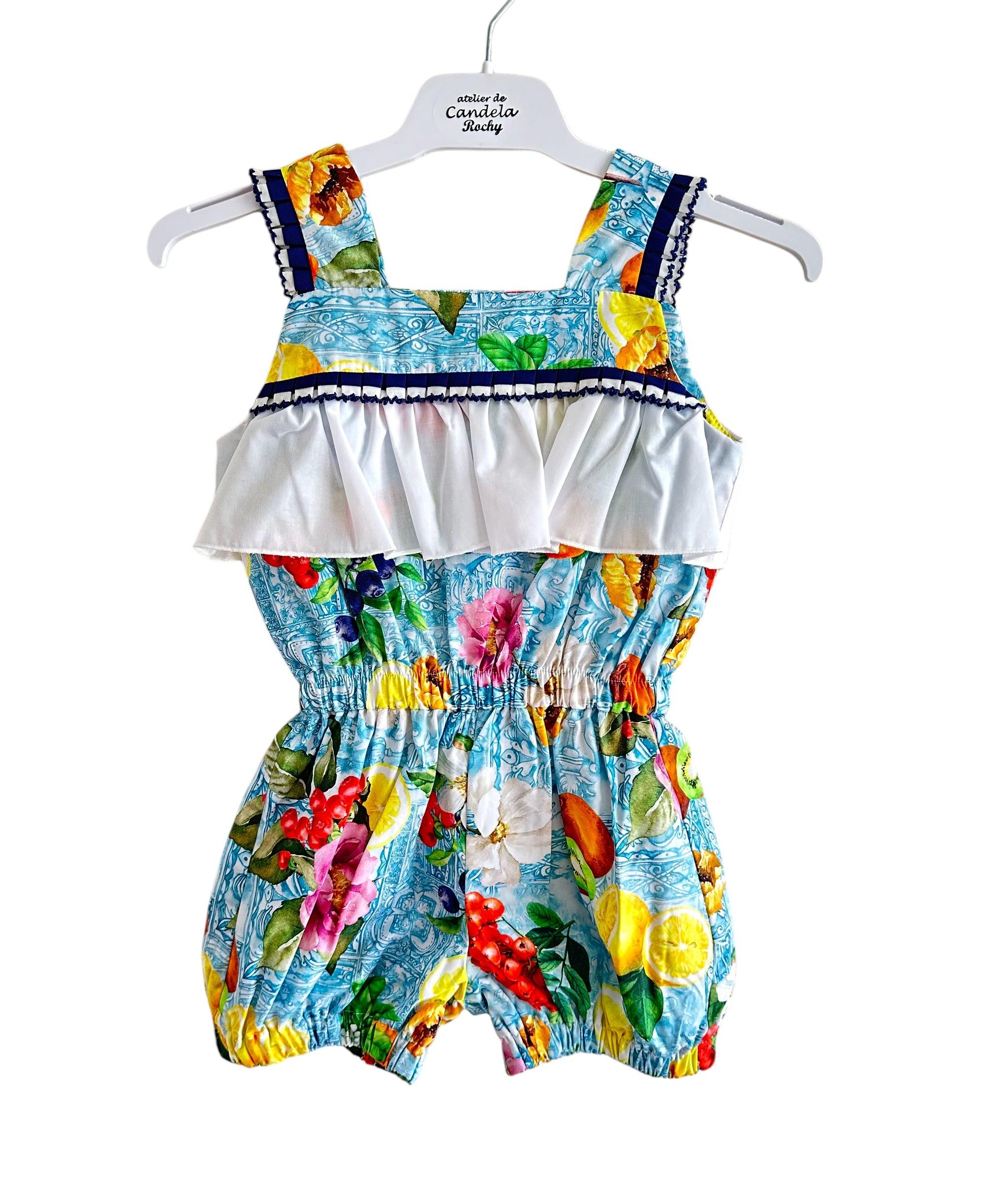 Rochy SS24 - Girls Floral Lemons Print Ruffle Front Playsuit - Mariposa Children's Boutique