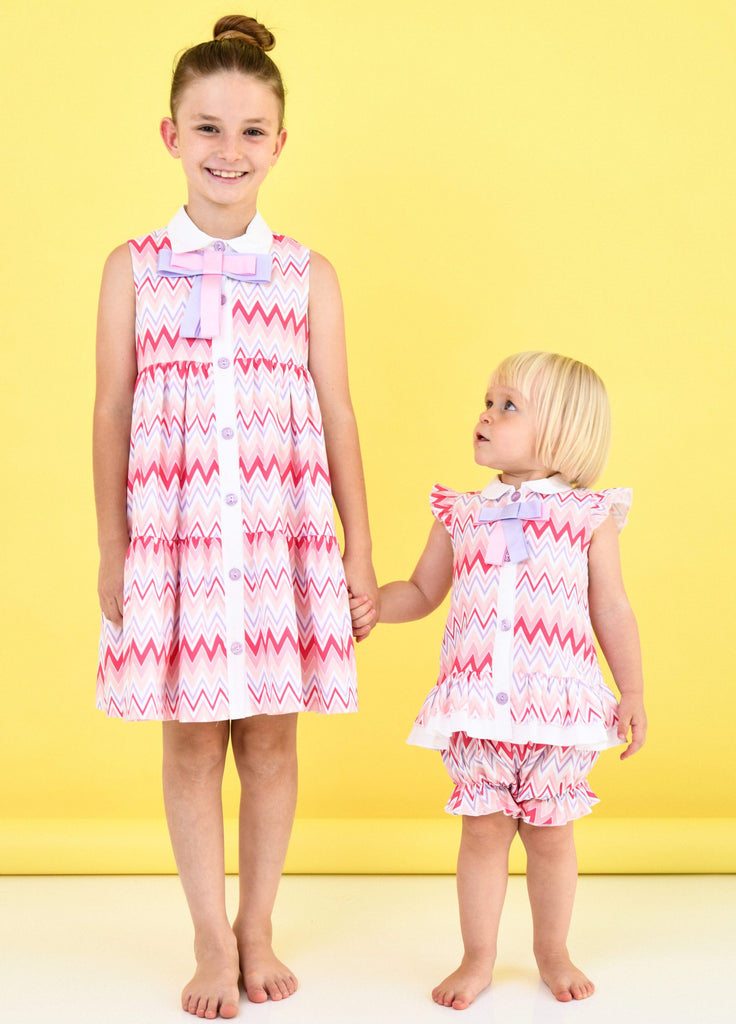Rochy SS24 - Girls Zig Zag White, Lilac and Pink Dress - Mariposa Children's Boutique