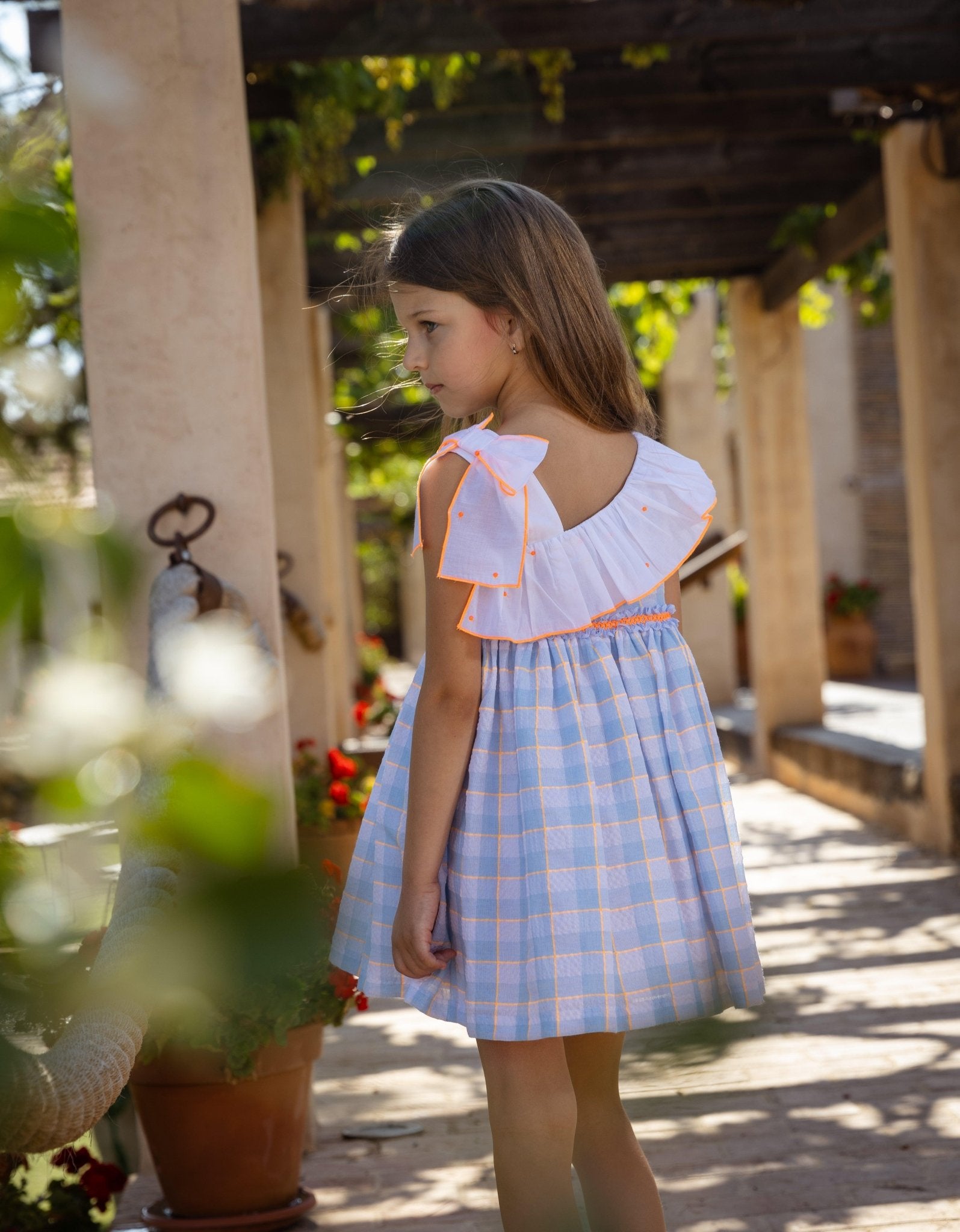 Rochy SS25 - Girls Fluor Baby Blue & Neon Orange Summer Dress - Mariposa Children's Boutique
