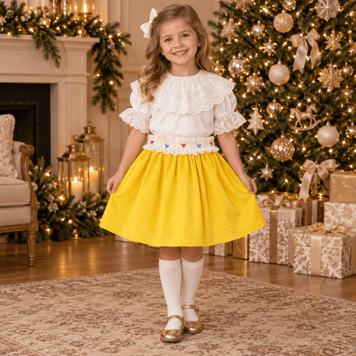 Golden Smocked Skirt Set by Sal & Pimenta modelled by a young girl in a christmas decorated living room. 