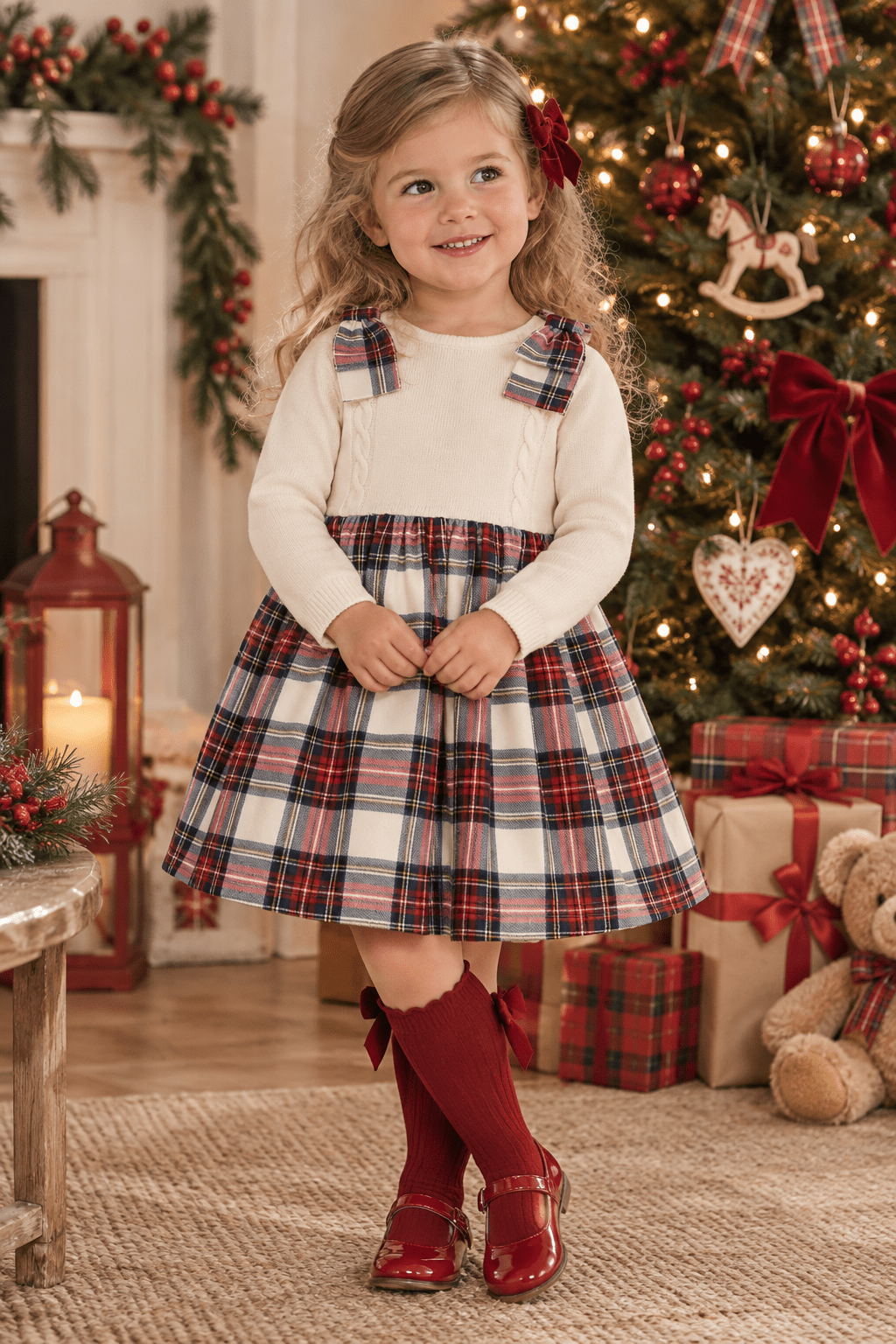A young girl wearing a cream and tartan knit top dress in a christmas decorated living room 
