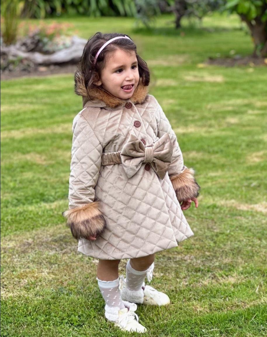 Sonata AW24 PRE-ORDER - Girls Camel Velvet Padded Coat with Fur Lined Hood & Belt - Mariposa Children's Boutique