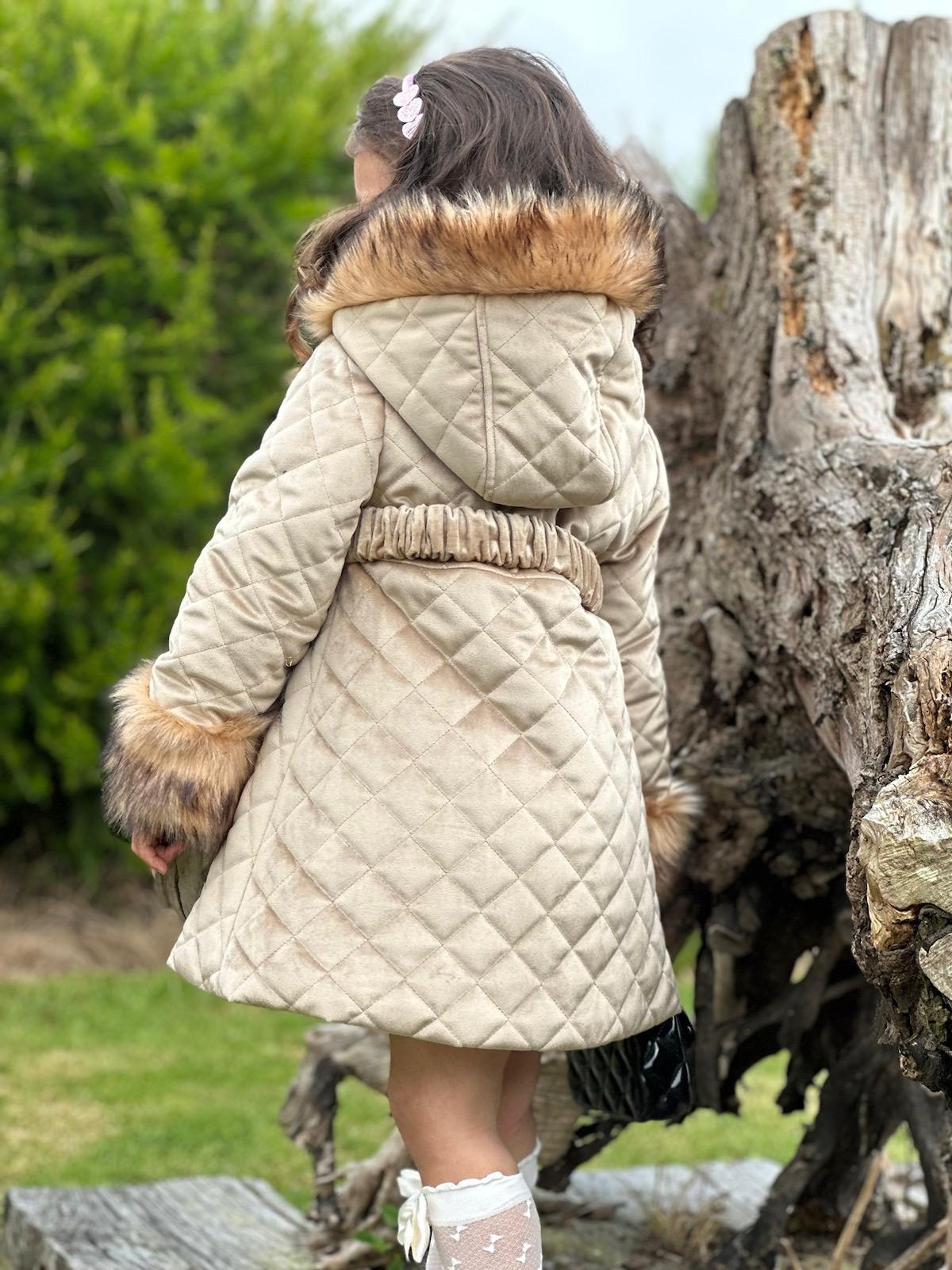 Sonata AW24 PRE-ORDER - Girls Camel Velvet Padded Coat with Fur Lined Hood & Belt - Mariposa Children's Boutique