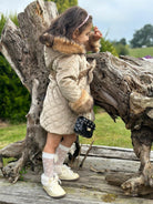 Sonata AW24 PRE-ORDER - Girls Camel Velvet Padded Coat with Fur Lined Hood & Belt - Mariposa Children's Boutique