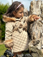 Sonata AW24 PRE-ORDER - Girls Camel Velvet Padded Coat with Fur Lined Hood & Belt - Mariposa Children's Boutique