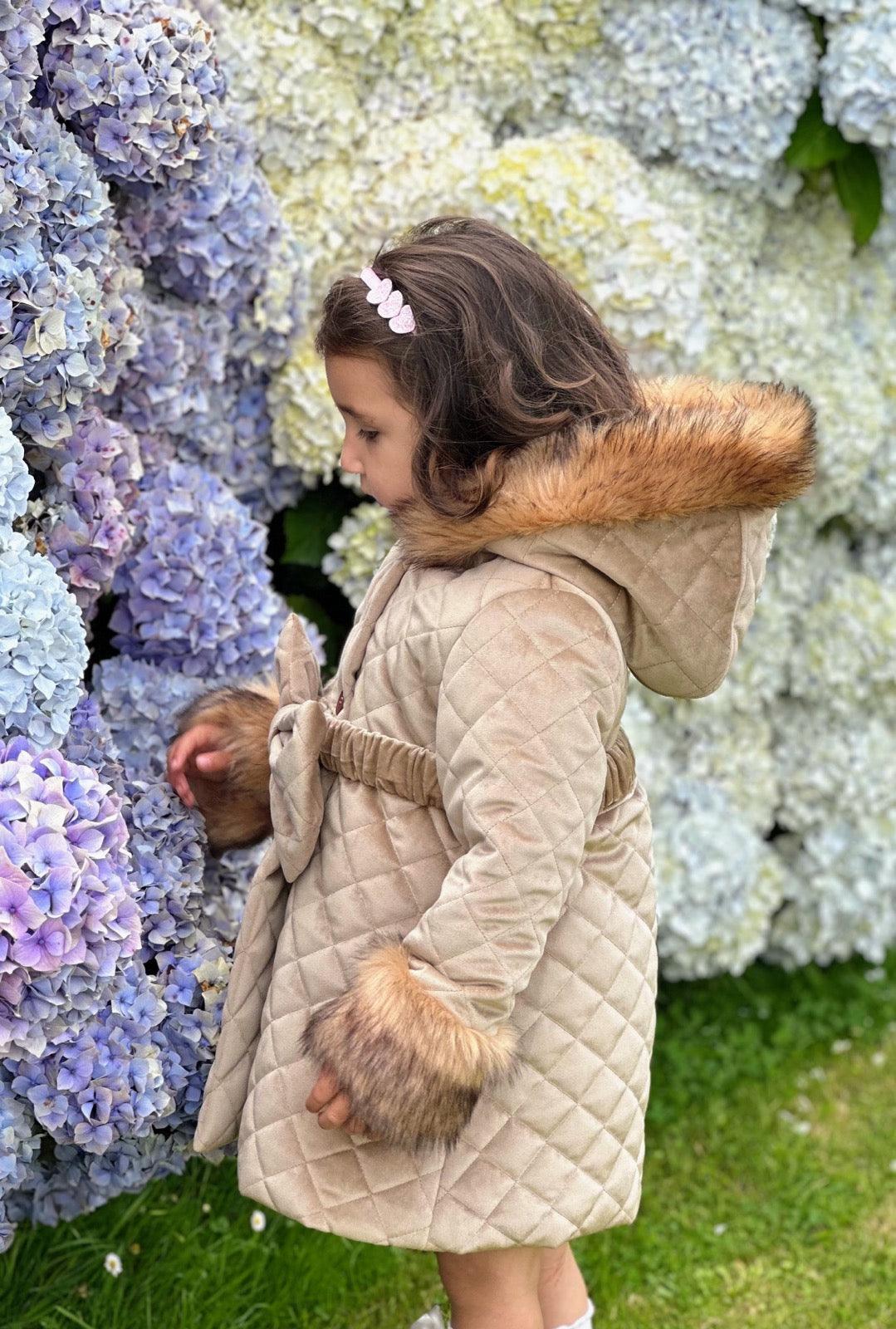 Sonata AW24 PRE - ORDER - Girls Camel Velvet Padded Coat with Fur Lined Hood & Belt - Mariposa Children's Boutique