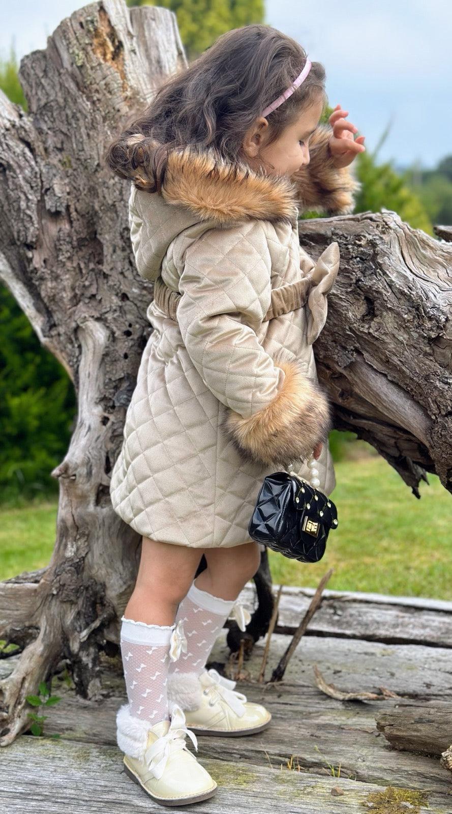 Sonata AW24 PRE - ORDER - Girls Camel Velvet Padded Coat with Fur Lined Hood & Belt - Mariposa Children's Boutique