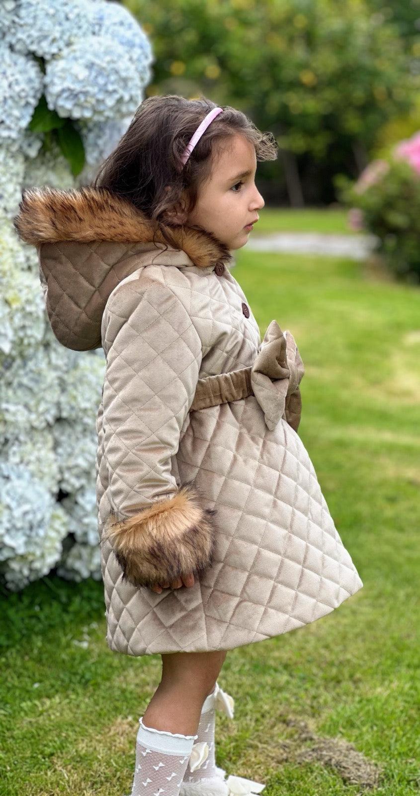 Sonata AW24 PRE - ORDER - Girls Camel Velvet Padded Coat with Fur Lined Hood & Belt - Mariposa Children's Boutique