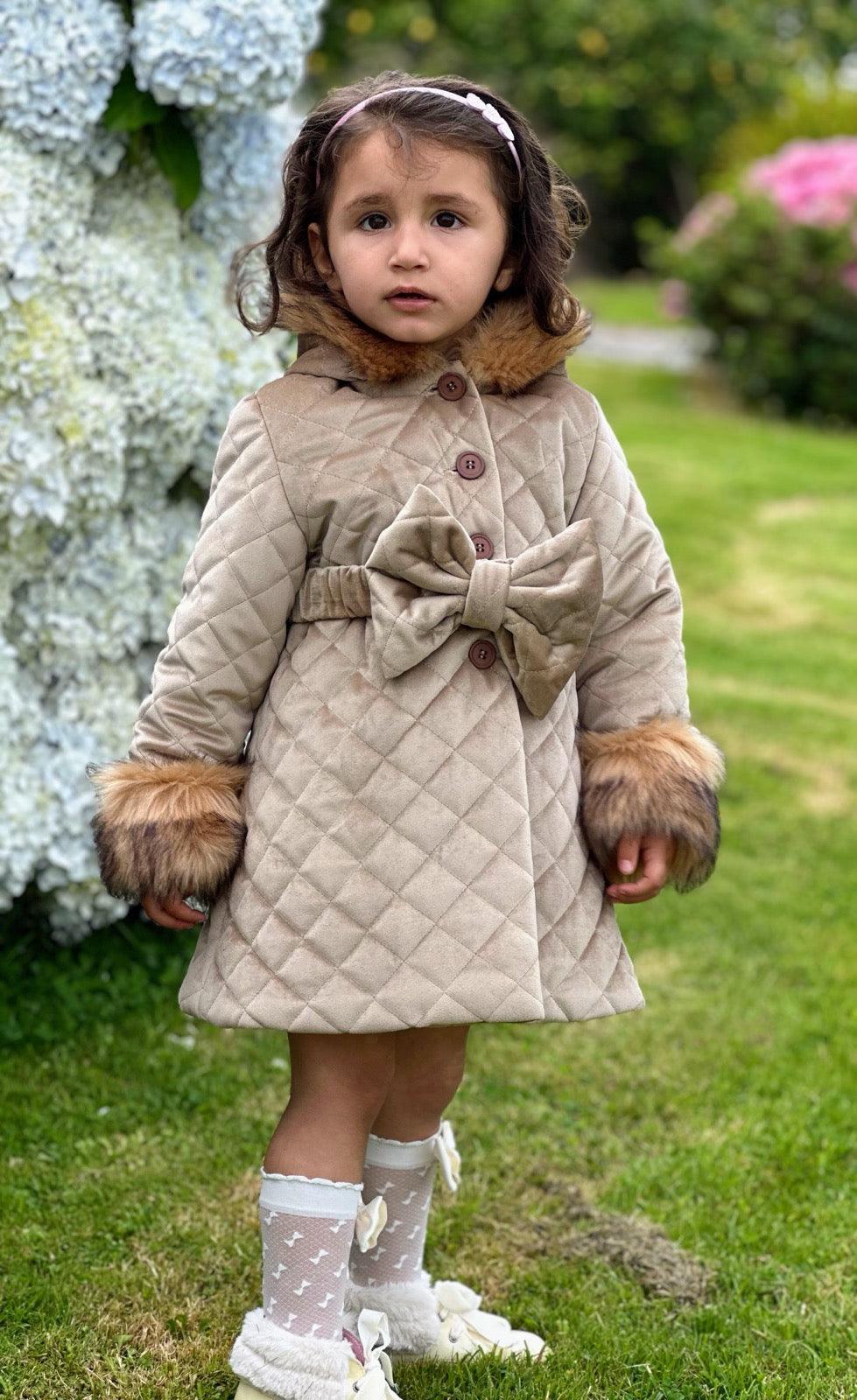 Sonata AW24 PRE - ORDER - Girls Camel Velvet Padded Coat with Fur Lined Hood & Belt - Mariposa Children's Boutique