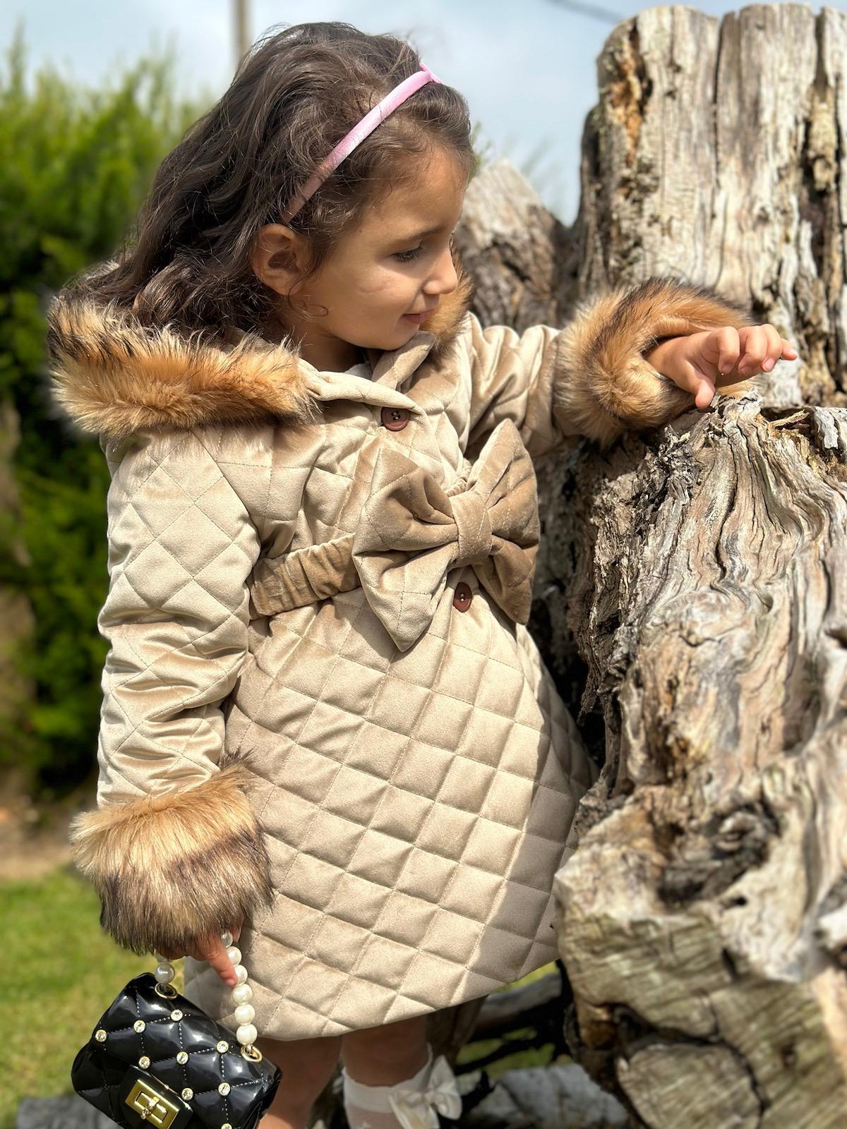 Sonata AW24 PRE - ORDER - Girls Camel Velvet Padded Coat with Fur Lined Hood & Belt - Mariposa Children's Boutique
