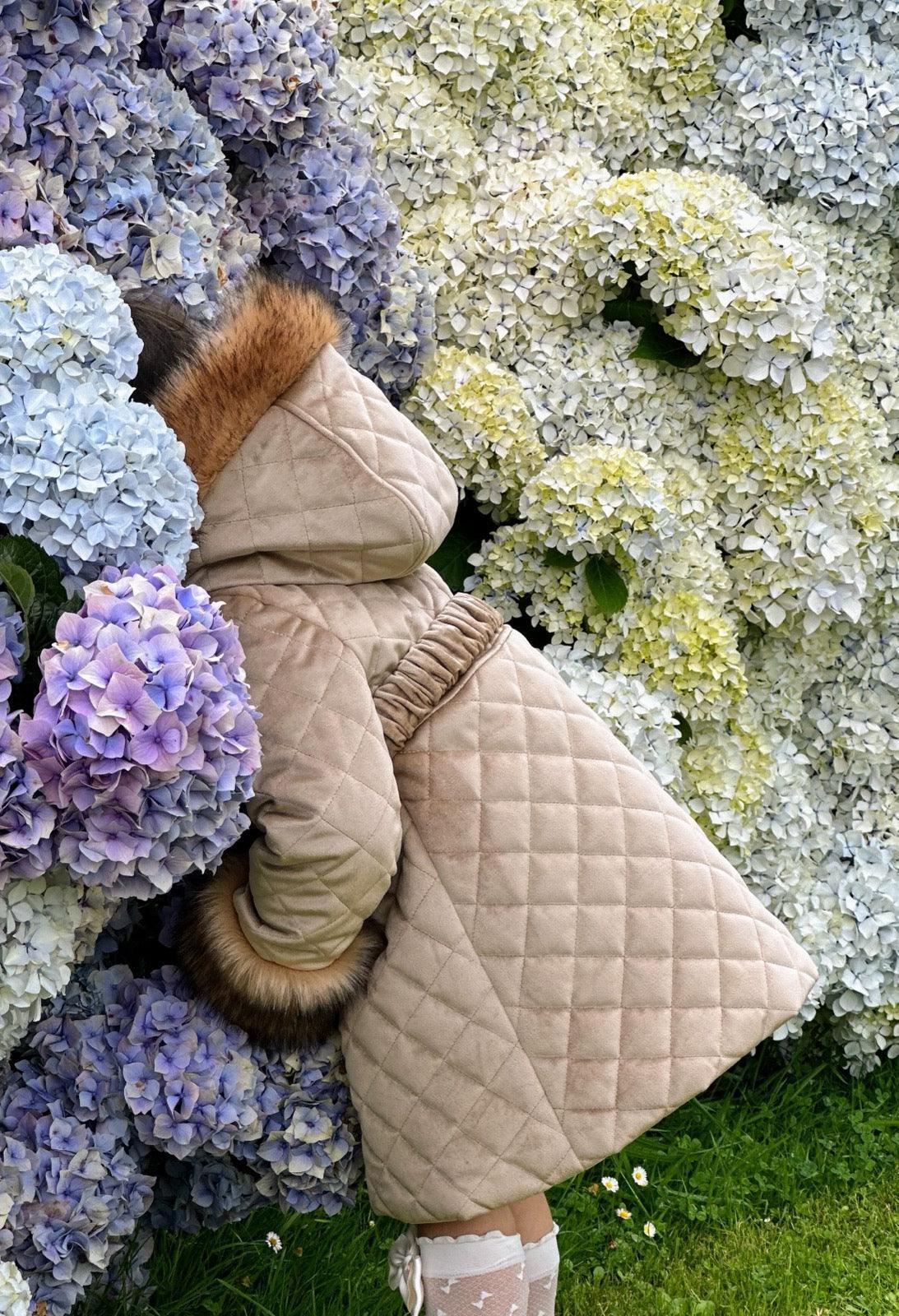 Sonata AW24 PRE - ORDER - Girls Camel Velvet Padded Coat with Fur Lined Hood & Belt - Mariposa Children's Boutique