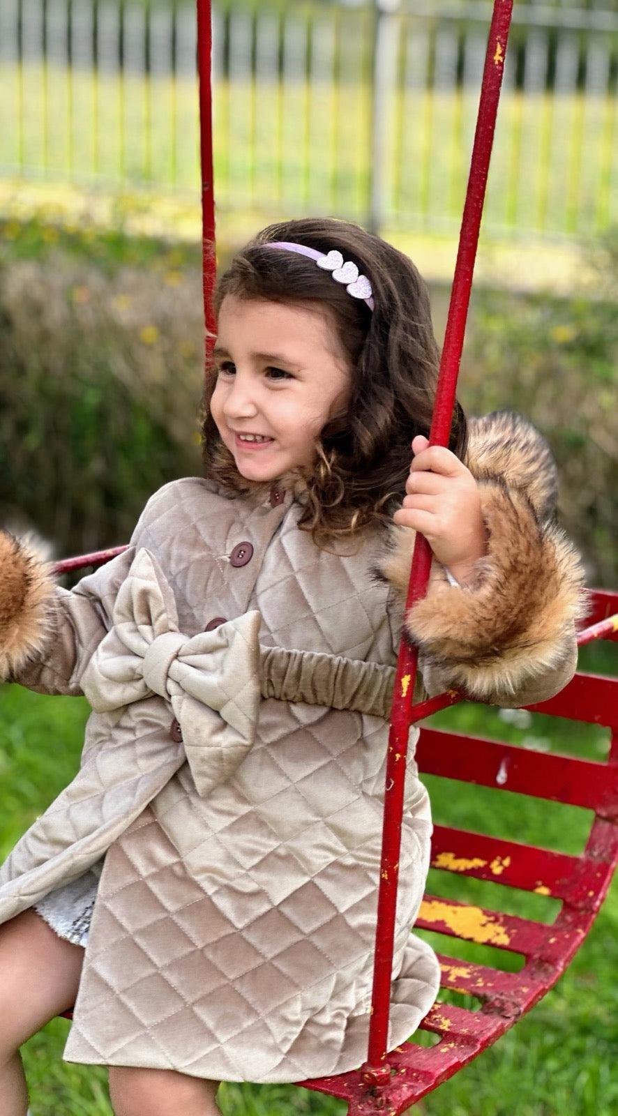 Sonata AW24 PRE - ORDER - Girls Camel Velvet Padded Coat with Fur Lined Hood & Belt - Mariposa Children's Boutique