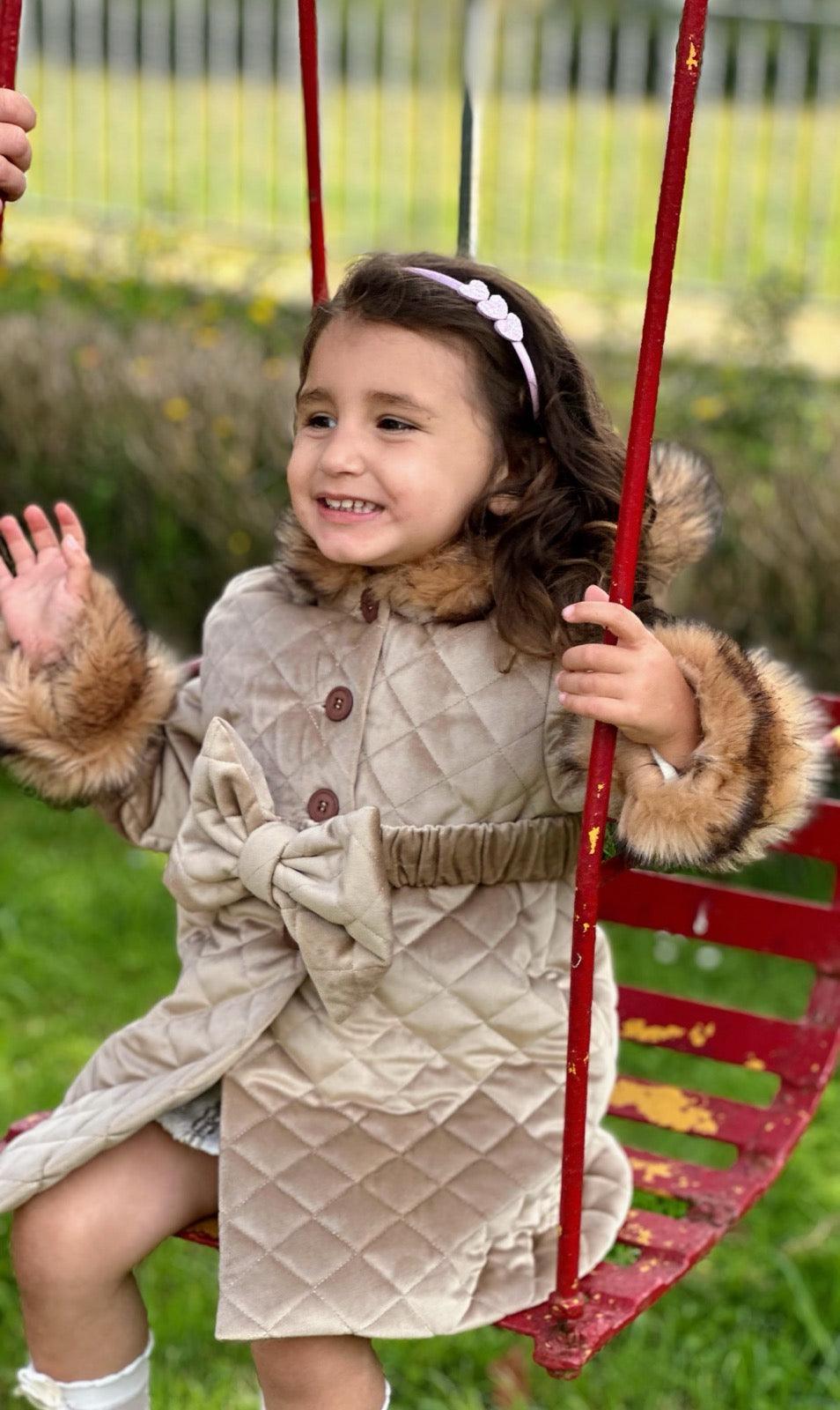 Sonata AW24 PRE - ORDER - Girls Camel Velvet Padded Coat with Fur Lined Hood & Belt - Mariposa Children's Boutique