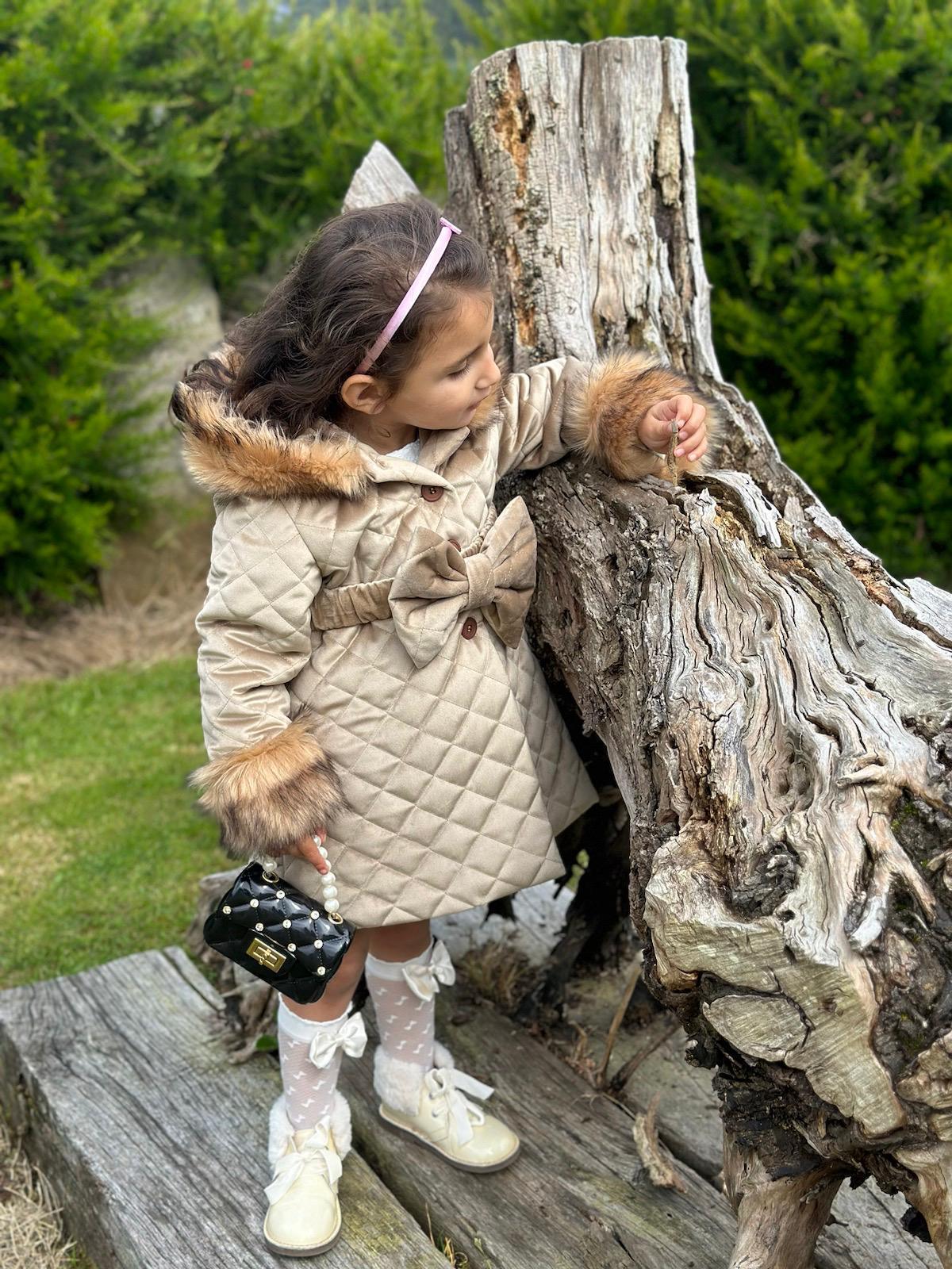 Sonata AW24 PRE - ORDER - Girls Camel Velvet Padded Coat with Fur Lined Hood & Belt - Mariposa Children's Boutique