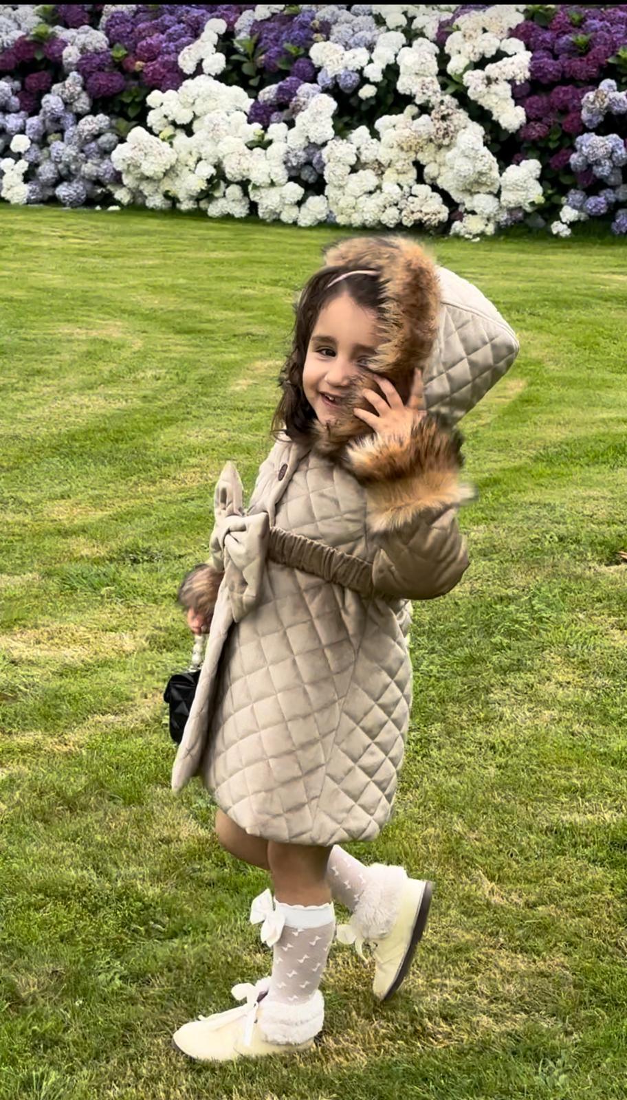 Sonata AW24 PRE - ORDER - Girls Camel Velvet Padded Coat with Fur Lined Hood & Belt - Mariposa Children's Boutique