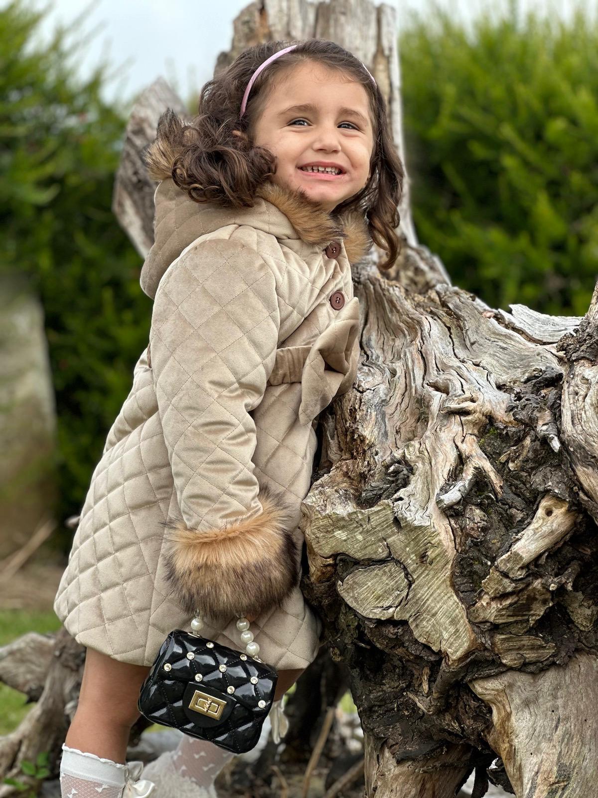 Sonata AW24 PRE - ORDER - Girls Camel Velvet Padded Coat with Fur Lined Hood & Belt - Mariposa Children's Boutique