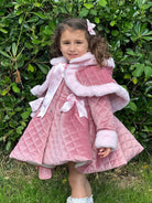 Sonata AW24 PRE-ORDER - Girls Pink Velvet Coat & Cape with Fur Trims - Mariposa Children's Boutique