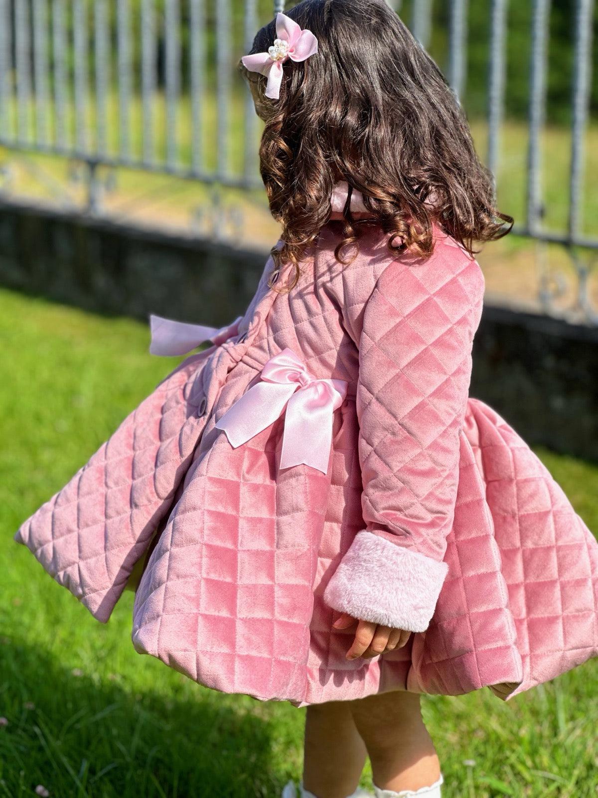 Sonata AW24 PRE - ORDER - Girls Pink Velvet Coat & Cape with Fur Trims - Mariposa Children's Boutique