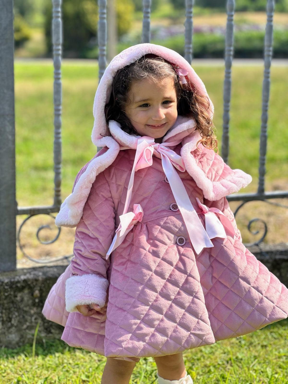 Sonata AW24 PRE - ORDER - Girls Pink Velvet Coat & Cape with Fur Trims - Mariposa Children's Boutique