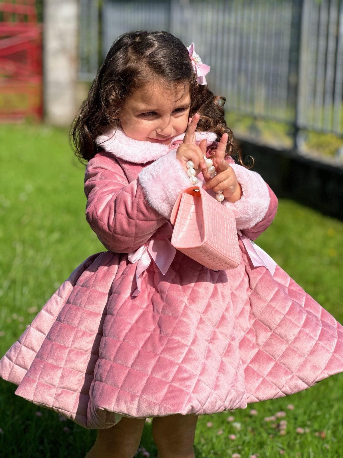 Sonata AW24 PRE - ORDER - Girls Pink Velvet Coat & Cape with Fur Trims - Mariposa Children's Boutique