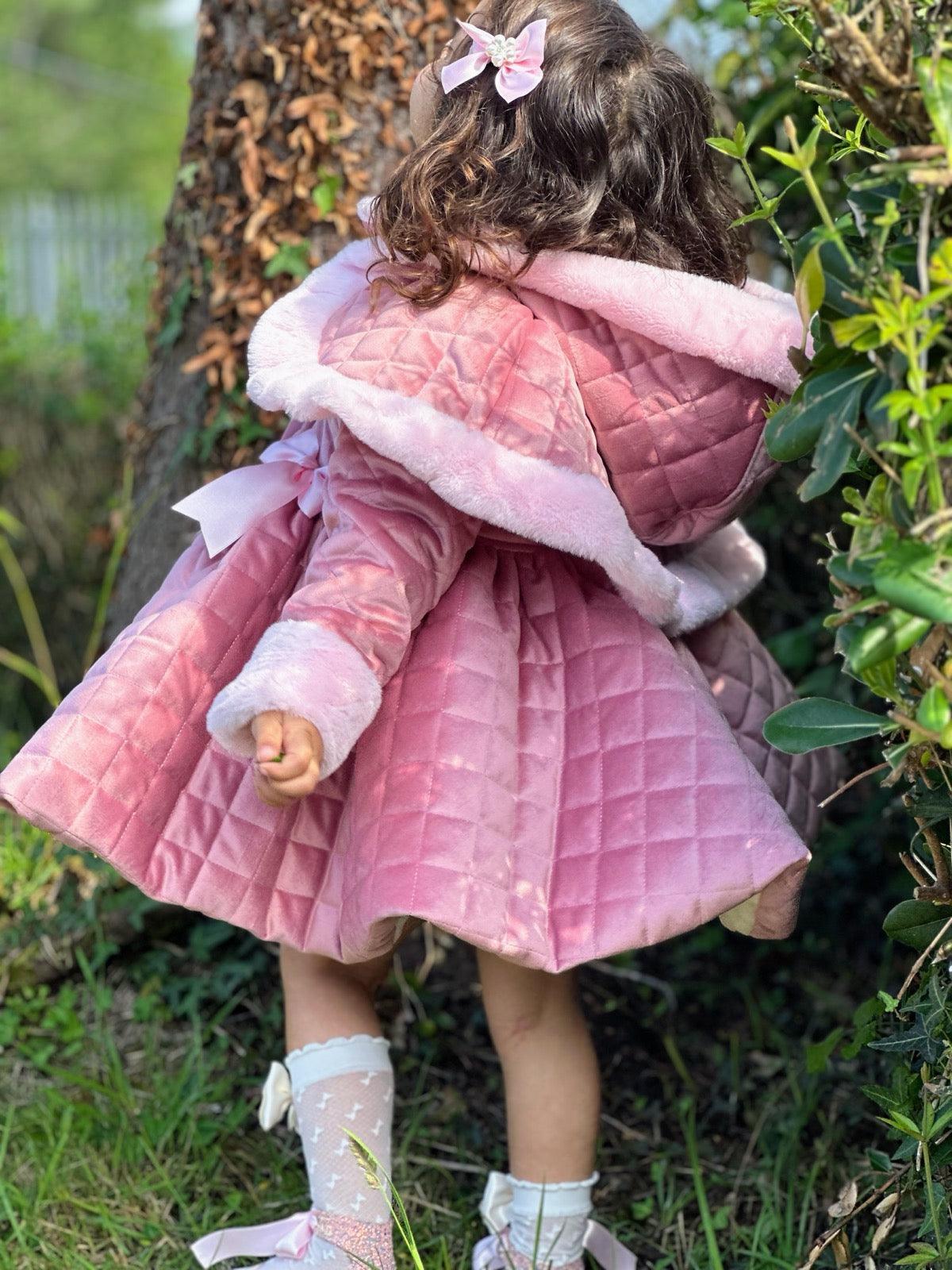Sonata AW24 PRE - ORDER - Girls Pink Velvet Coat & Cape with Fur Trims - Mariposa Children's Boutique