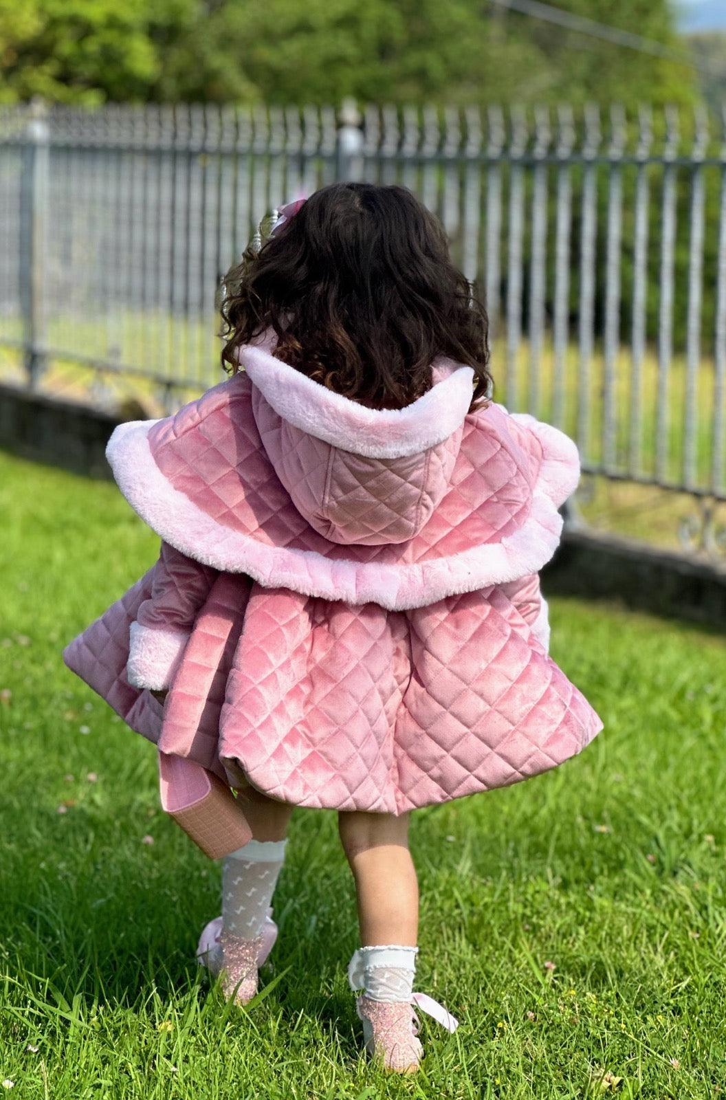 Sonata AW24 PRE - ORDER - Girls Pink Velvet Coat & Cape with Fur Trims - Mariposa Children's Boutique