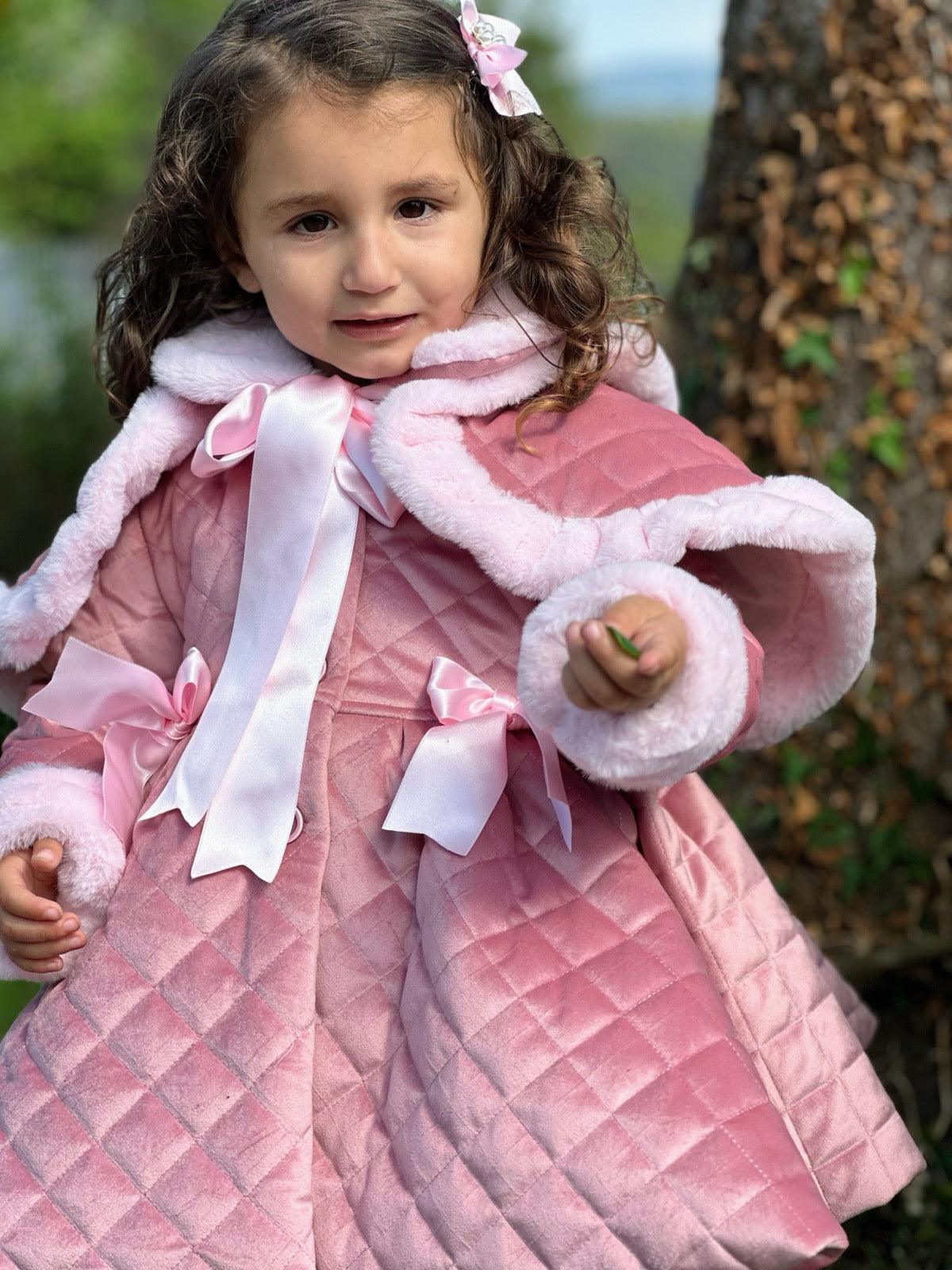 Sonata AW24 PRE - ORDER - Girls Pink Velvet Coat & Cape with Fur Trims - Mariposa Children's Boutique