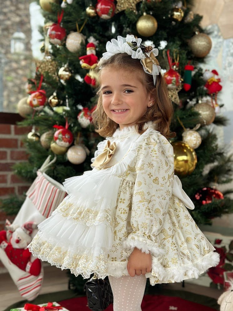 Sonata AW25 - Girls Cream and Gold Christmas Dress & Headpiece