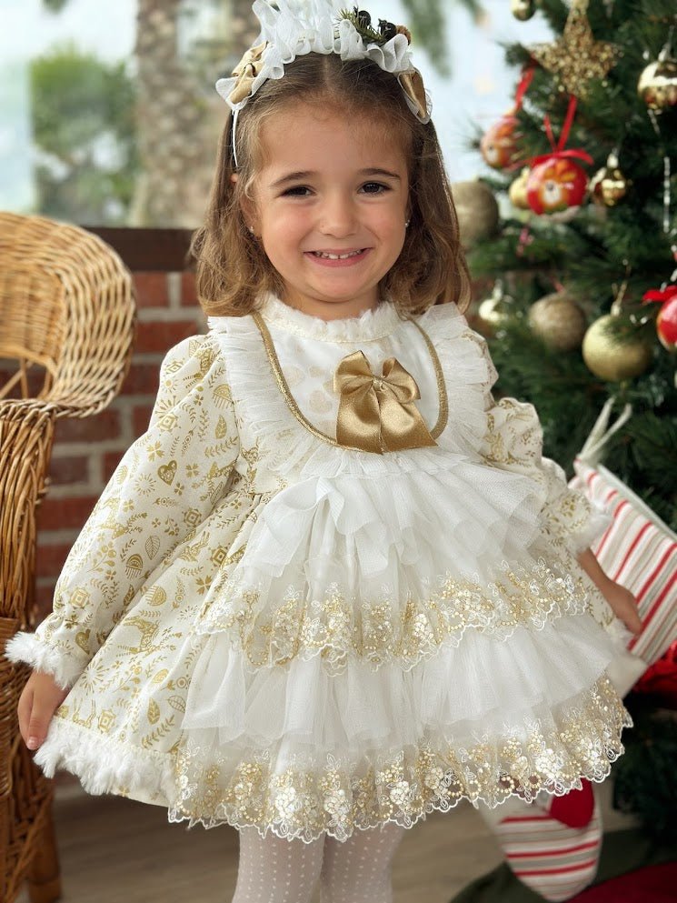 Sonata AW25 - Girls Cream and Gold Christmas Dress & Headpiece