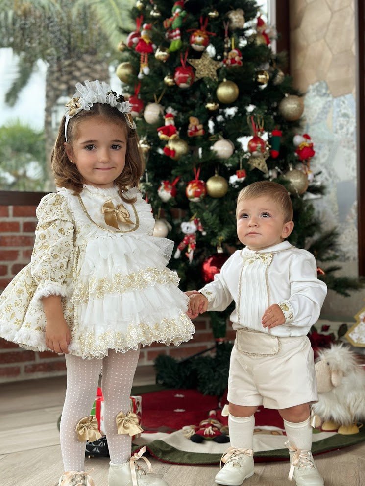 Sonata AW25 - Girls Cream and Gold Christmas Dress & Headpiece