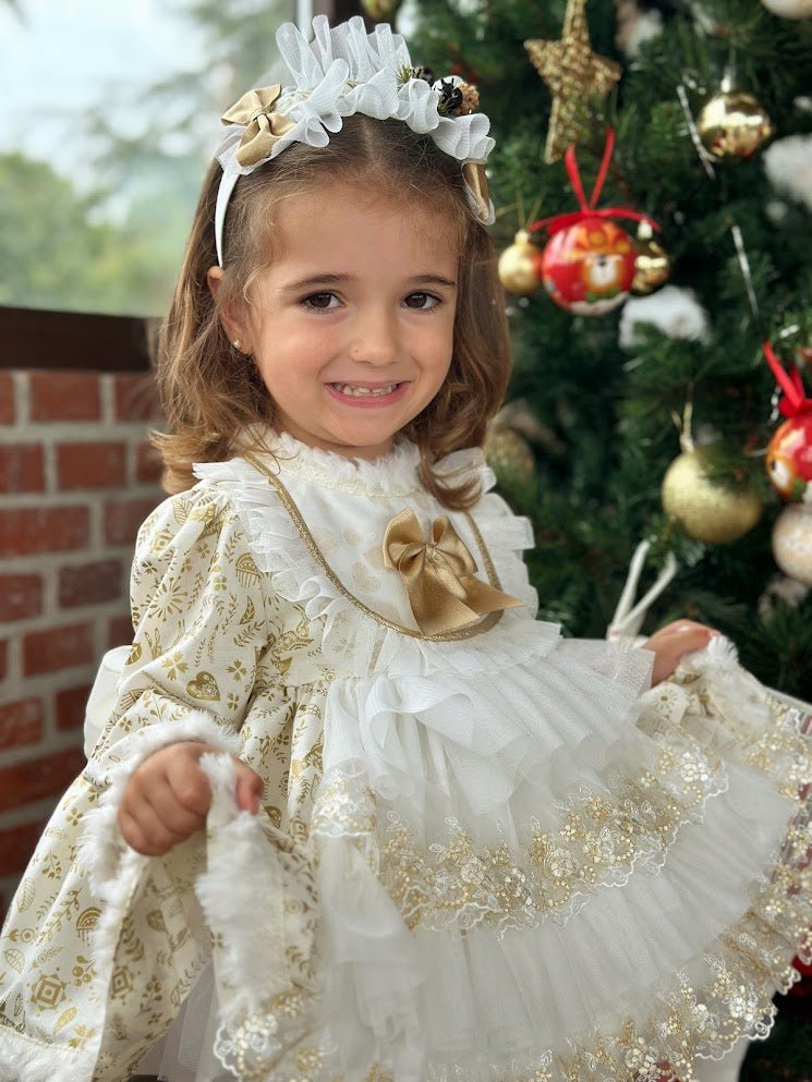 Sonata AW25 - Girls Cream and Gold Christmas Dress & Headpiece