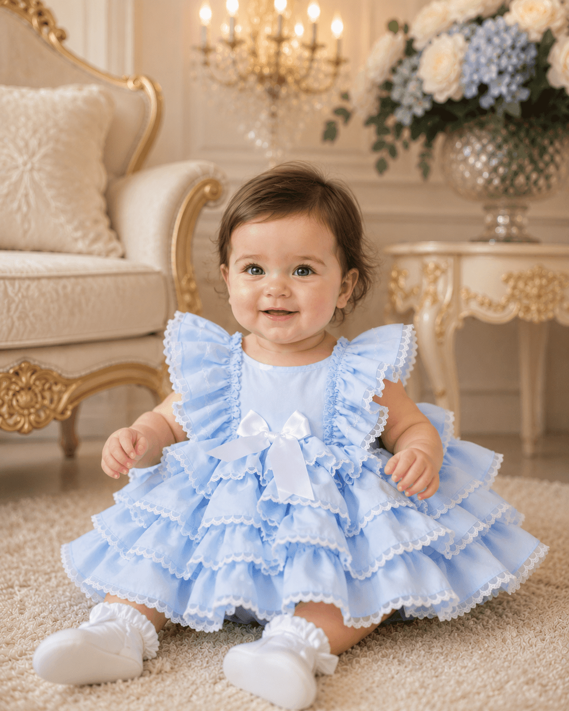 Artesania Sonata baby girls blue ruffle Spanish dress with matching bonnet age 12 months handmade in Spain