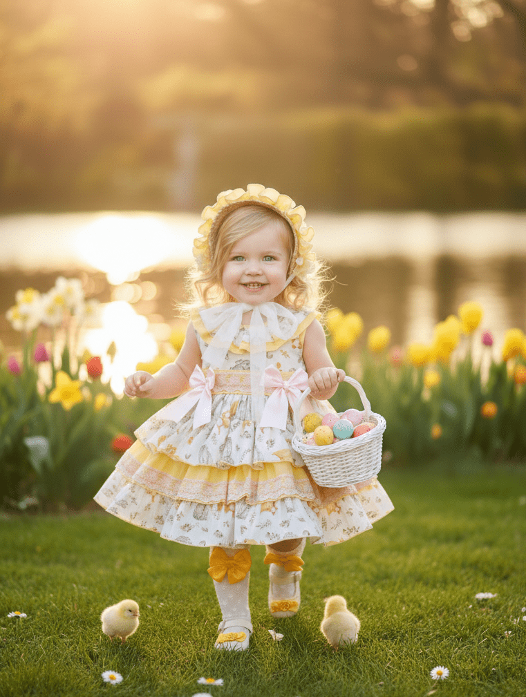 Sonata EASTER Made to Order - Girls Easter Print Cream, Pink & Yellow Puffball Dress