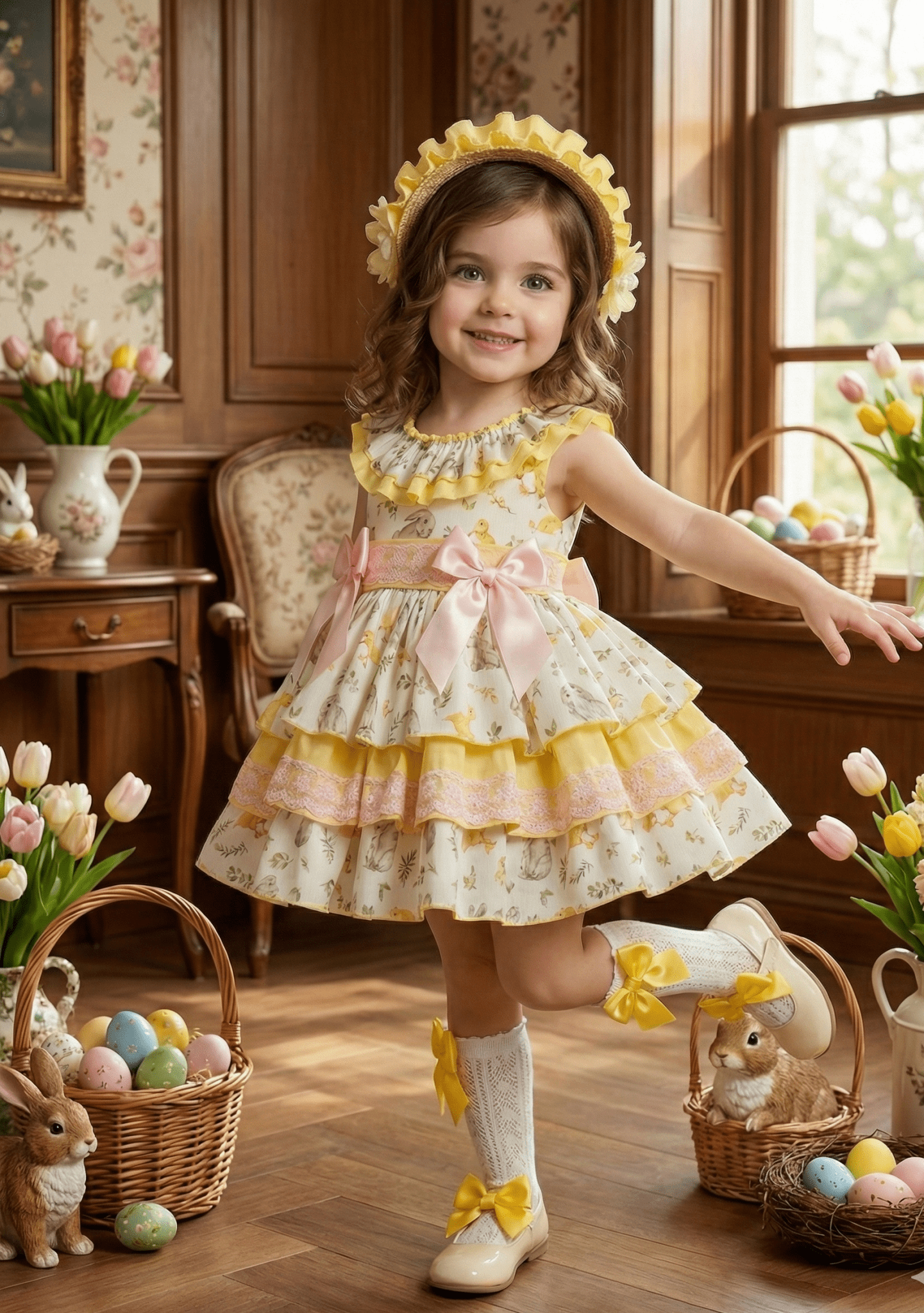 Sonata EASTER Made to Order - Girls Easter Print Cream, Pink & Yellow Puffball Dress