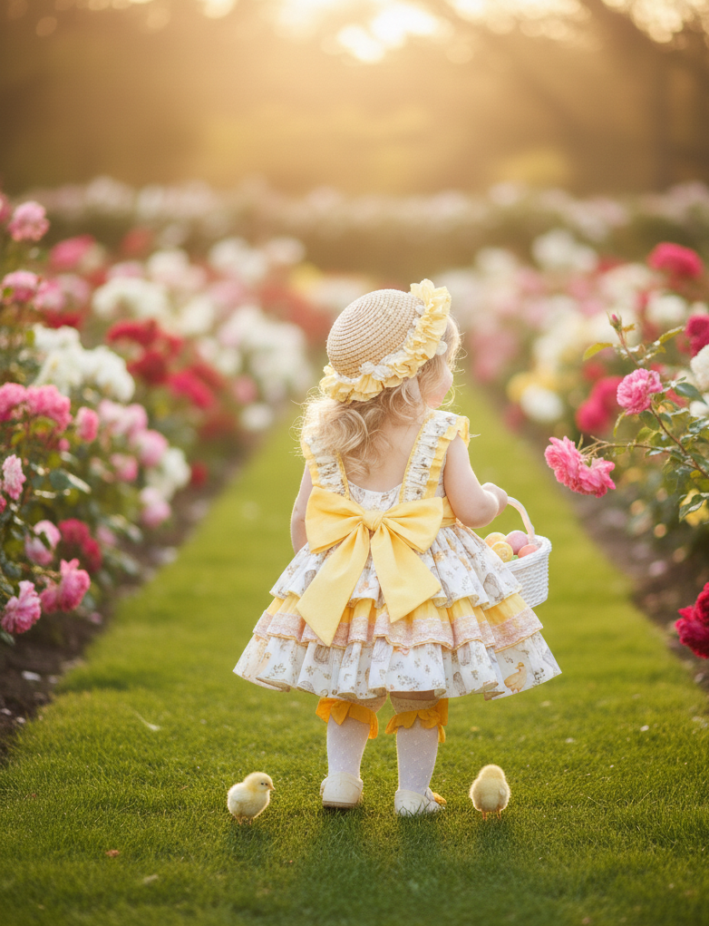 Sonata EASTER Made to Order - Girls Easter Print Cream, Pink & Yellow Puffball Dress