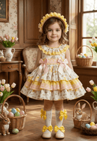 Sonata EASTER Made to Order - Girls Easter Print Cream, Pink & Yellow Puffball Dress