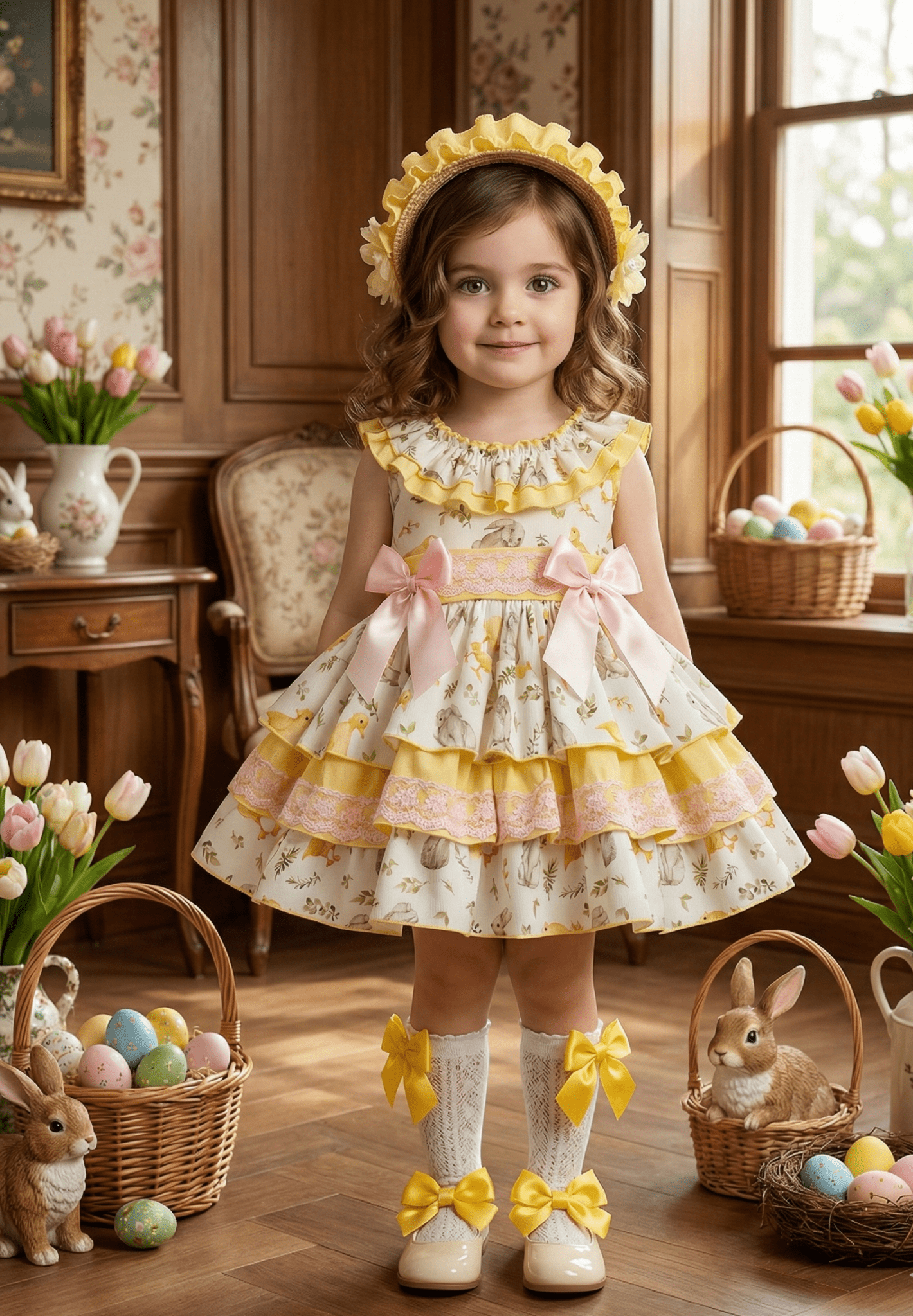 Sonata EASTER Made to Order - Girls Easter Print Cream, Pink & Yellow Puffball Dress