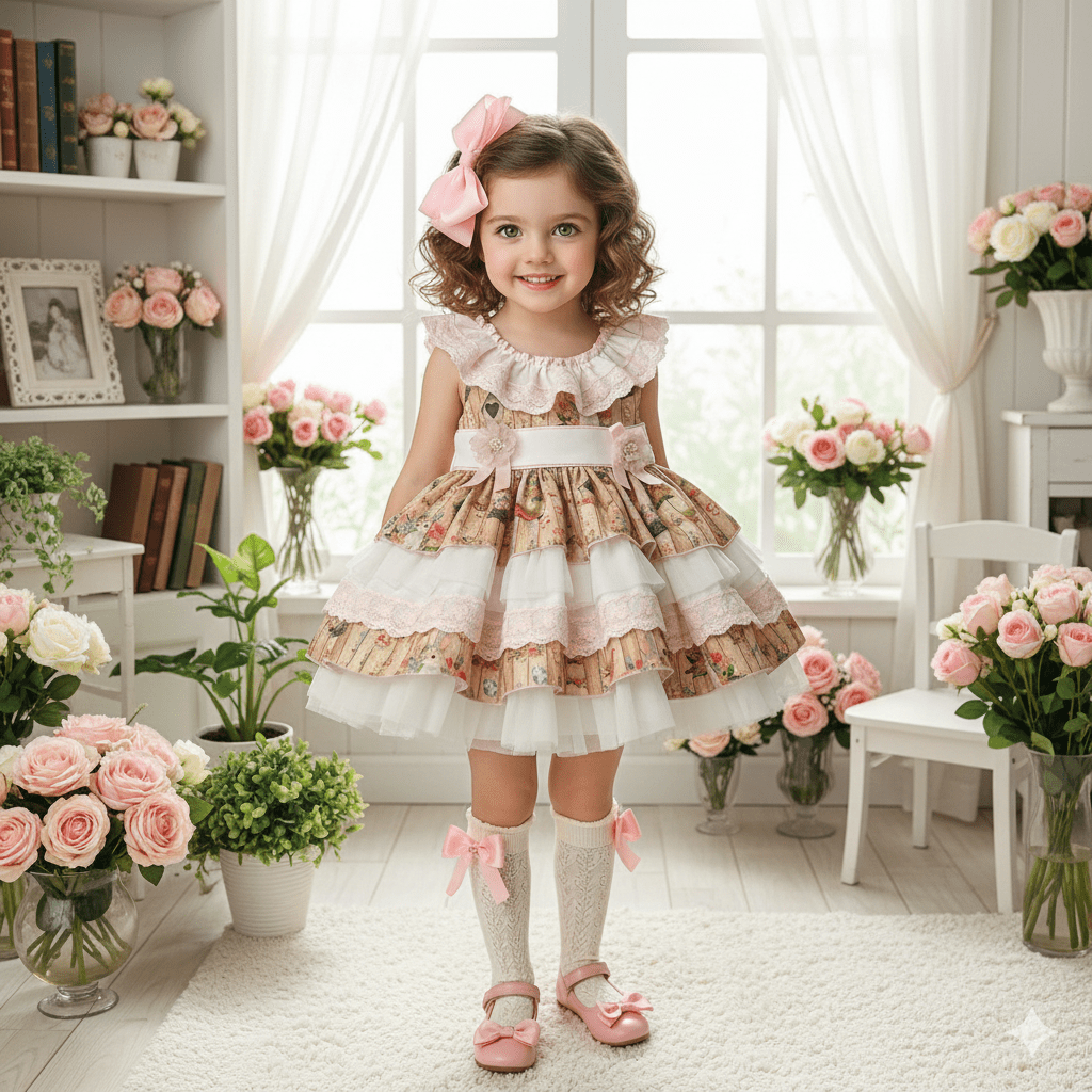 Sonata girls bunny print puffball dress with layered tulle skirt from the SS26 collection, made to order in Spain.