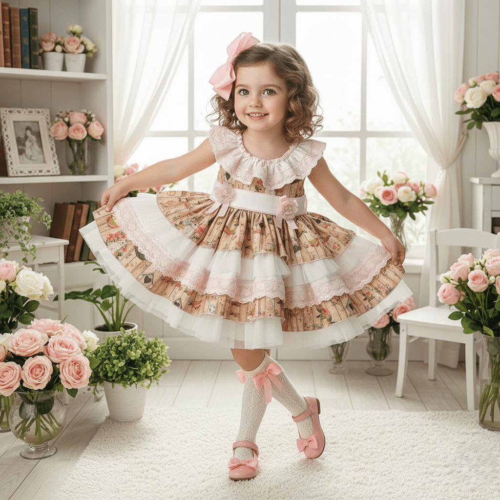 Sonata girls bunny print puffball dress with layered tulle skirt from the SS26 collection, made to order in Spain.