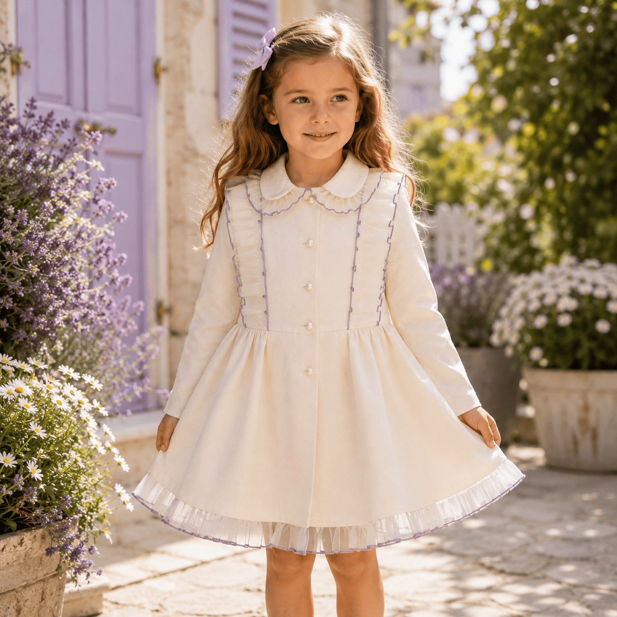 Sonata Girls Cream and Lilac Tulle Pique Coat 9yr | Clearance Sale