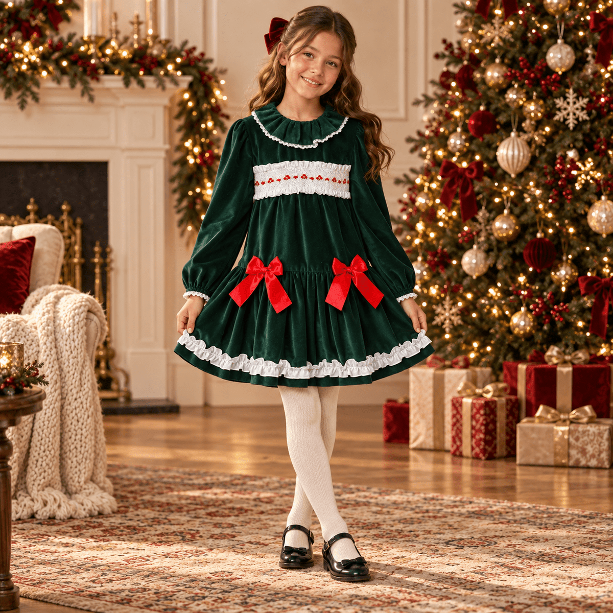 Sonata Girls Green Velvet Smocked Christmas Dress Age 10 | Clearance Sale