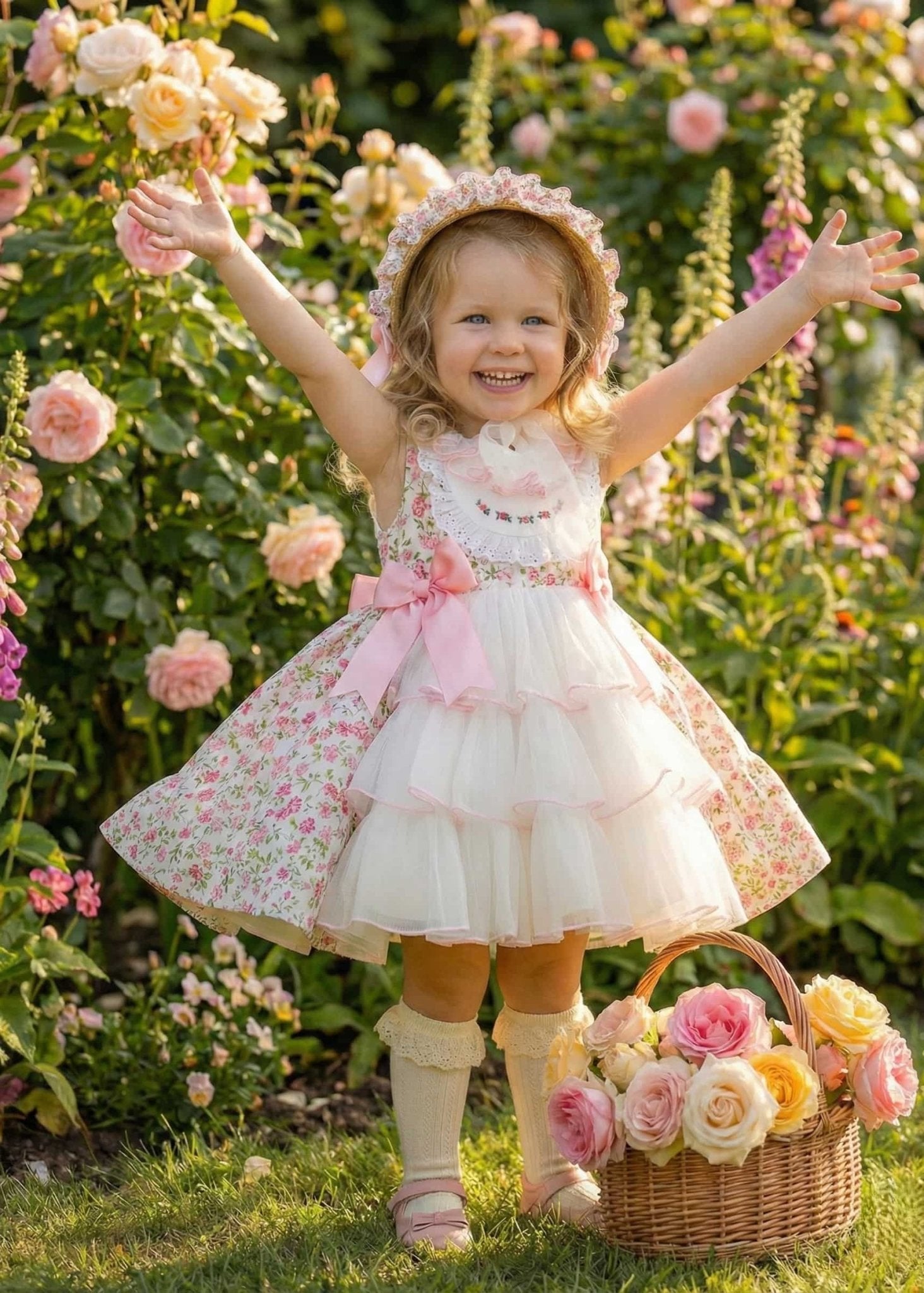 Young girl in a Sonata floral dress standing in a garden with flowers and a basket.
