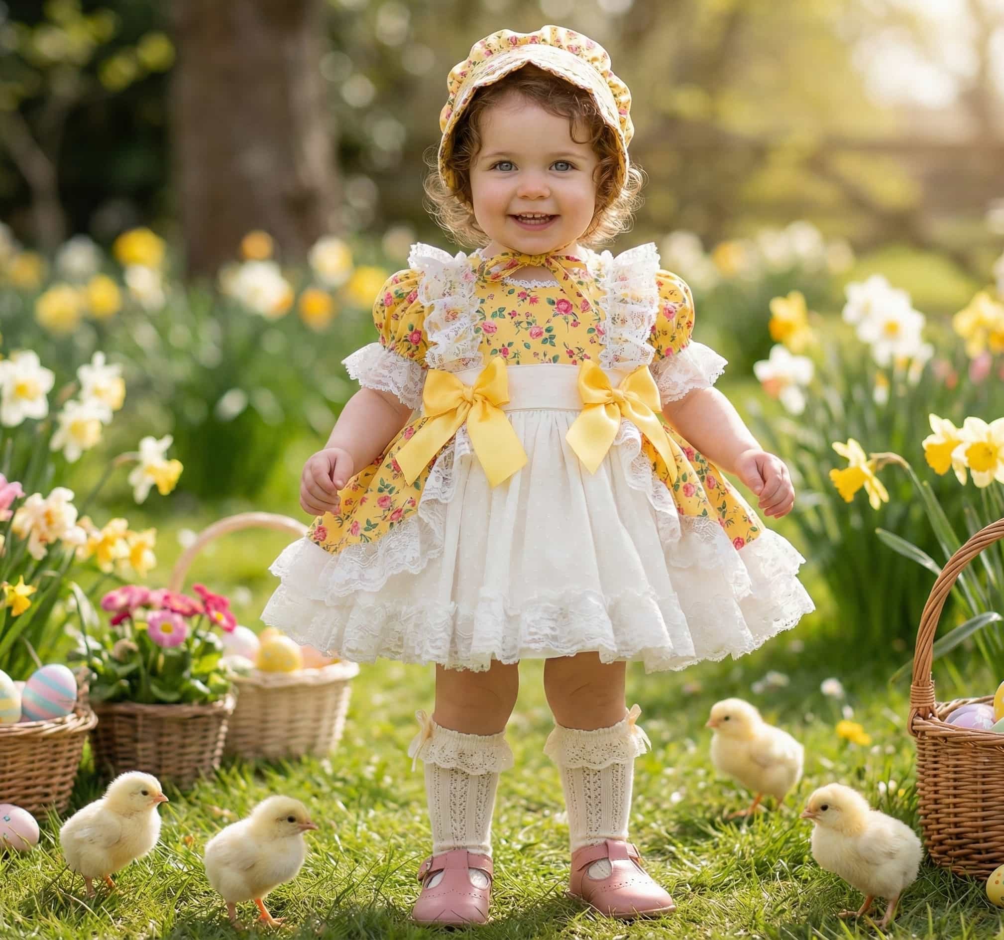Child in a floral dress with yellow ribbons standing in a garden with flowers and chicks made in Spain by Sonata infantil. 